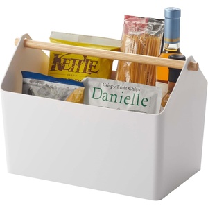YAMAZAKI Home Storage Organizer/Cleaning Caddy/Storage Basket with Handle Plastic + Wood One Size White(White)