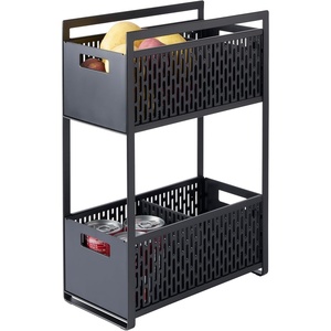 YAMAZAKI Home Tower 2 Tier Sliding Baskets Organizer Rack for Pantry Or Under Sink Storage – Space-Saving Solution for Spices, Cans, Cleaning Goods – Abs Plastic -(Black)