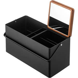 YAMAZAKI Home Tower Large Makeup Organizer Cosmetic Caddy With Handle Vanity Storage Drawer With Lid – Steel + Wood(Black)
