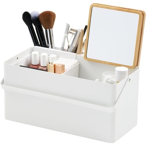 YAMAZAKI Home Tower Large Makeup Organizer Cosmetic Caddy With Handle Vanity Storage Drawer With Lid – Steel + Wood(White)