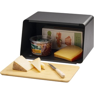 YAMAZAKI Home Tower Metal Bread Box With Removable Bamboo Wooden Cutting Board Lid, Kitchen Storage Box – Steel + Bamboo(Black)