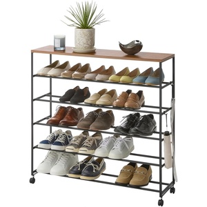 YAMAZAKI Home Tower Rolling Five-Tier Shoe Rack, Steel Frame with Wooden Top, Space-Saving Shoe Organizer On Wheels, 34″ – Steel + Wood -(Black)