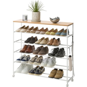YAMAZAKI Home Tower Rolling Five-Tier Shoe Rack, Steel Frame with Wooden Top, Space-Saving Shoe Organizer On Wheels, 34″ – Steel + Wood -(White)