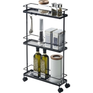 YAMAZAKI Home Tower Rolling Kitchen Island Three Tier Metal Storage Cart – Portable Organizer Shelves Utility Cart, 26″ – Steel -(Black)