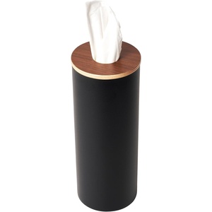 Yamazaki Home Rin Reusable Round Tissue Holder Case, Metal Tissue Container with Wooden Lid – Large – Steel + Wood(Walnut)