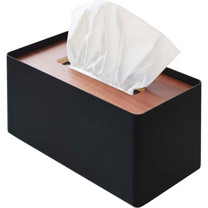 Yamazaki Home Rin Reusable Tissue Box Cover Metal Holder Container Case with Natural Wooden Lid – Steel(Walnut)