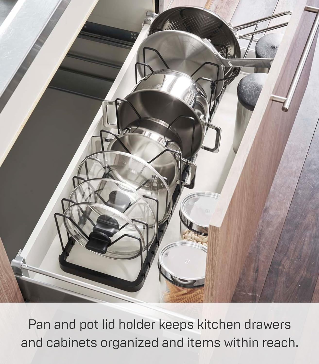 image:imageYAMAZAKI Home Adjustable Lid amp Pan Organizer Kitchen Drawer Storage Shelf Rack Steel One Size BlackBlack