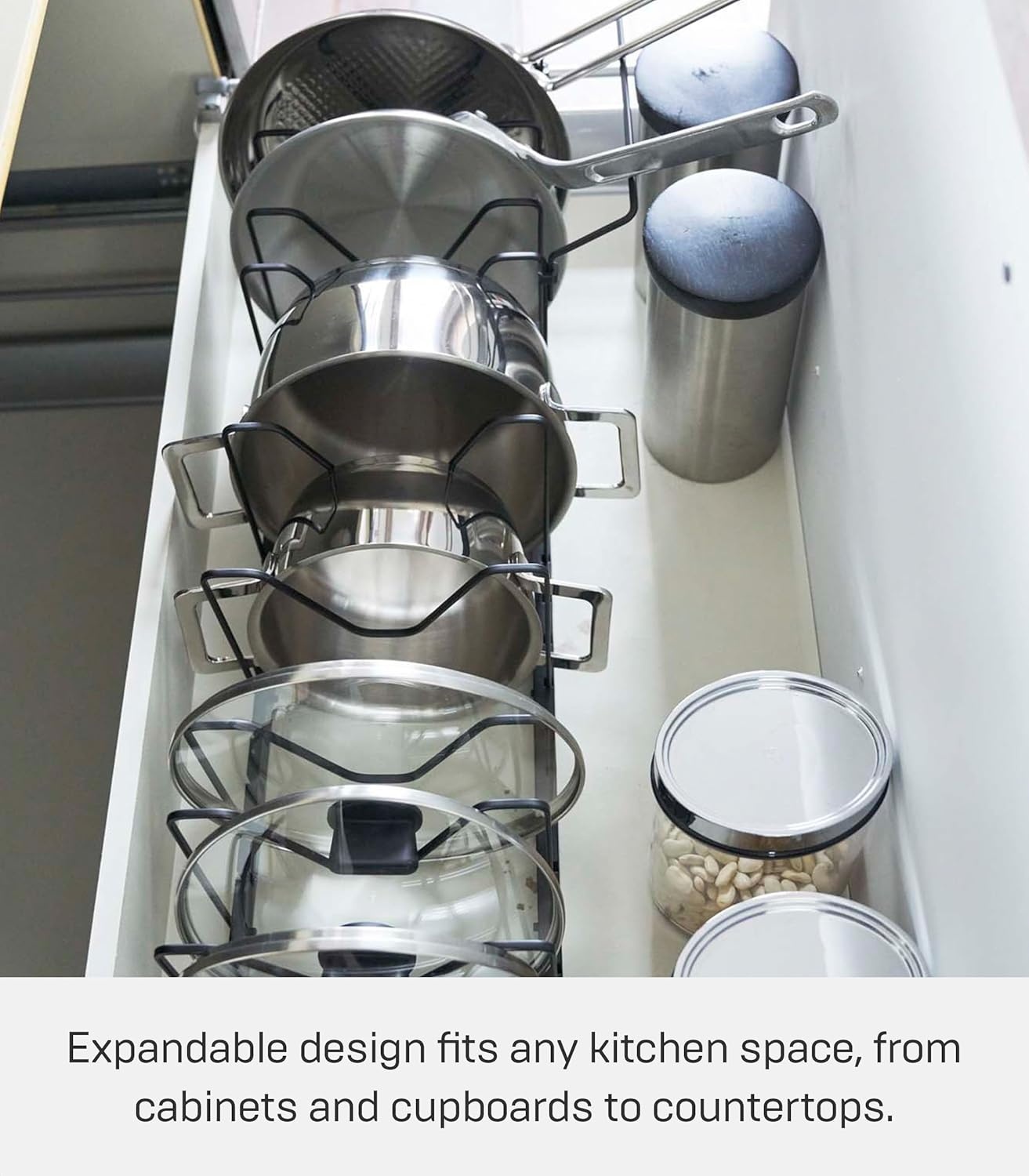 image:imageYAMAZAKI Home Adjustable Lid amp Pan Organizer Kitchen Drawer Storage Shelf Rack Steel One Size BlackBlack