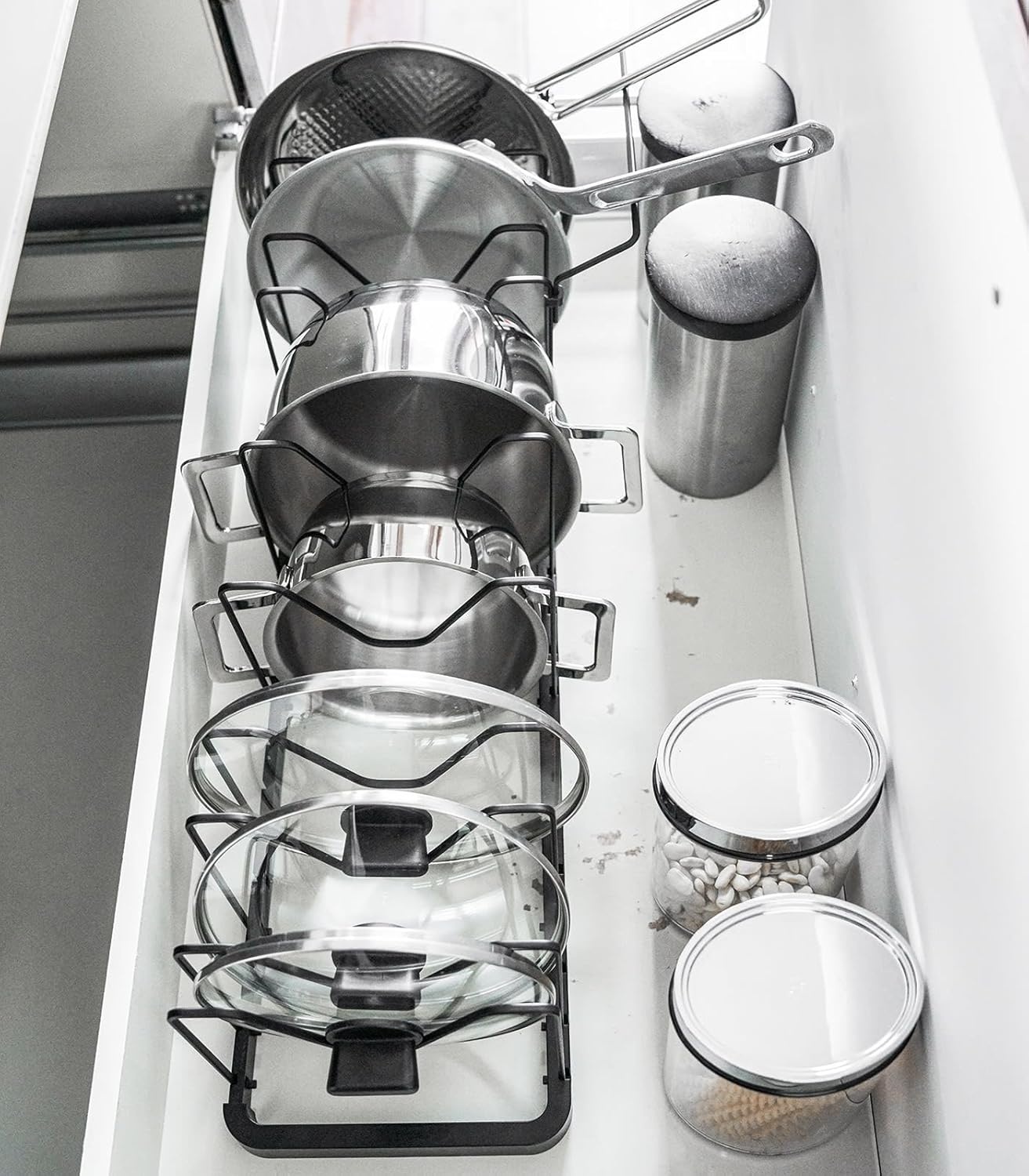 image:imageYAMAZAKI Home Adjustable Lid amp Pan Organizer Kitchen Drawer Storage Shelf Rack Steel One Size BlackBlack