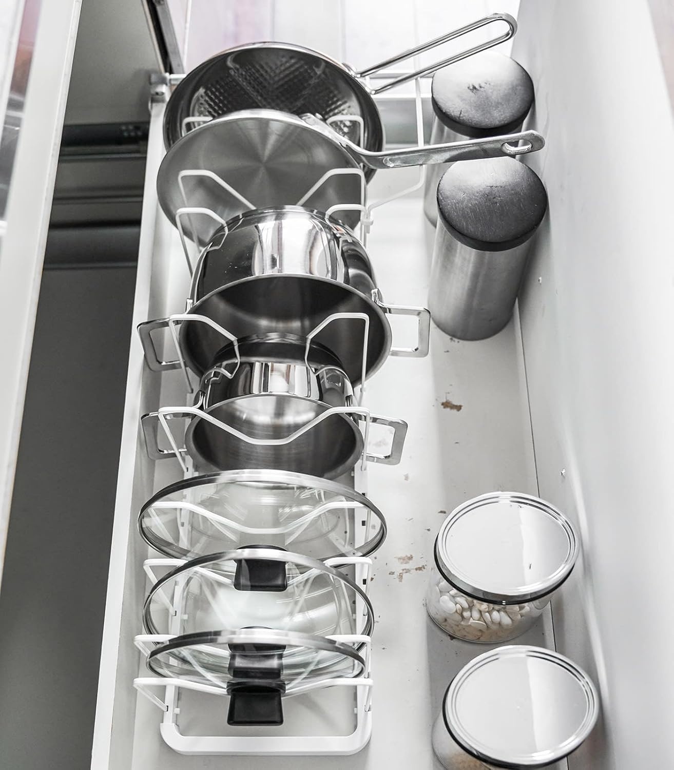 image:imageYAMAZAKI Home Adjustable Lid amp Pan Organizer Kitchen Drawer Storage Shelf Rack Steel One Size BlackWhite