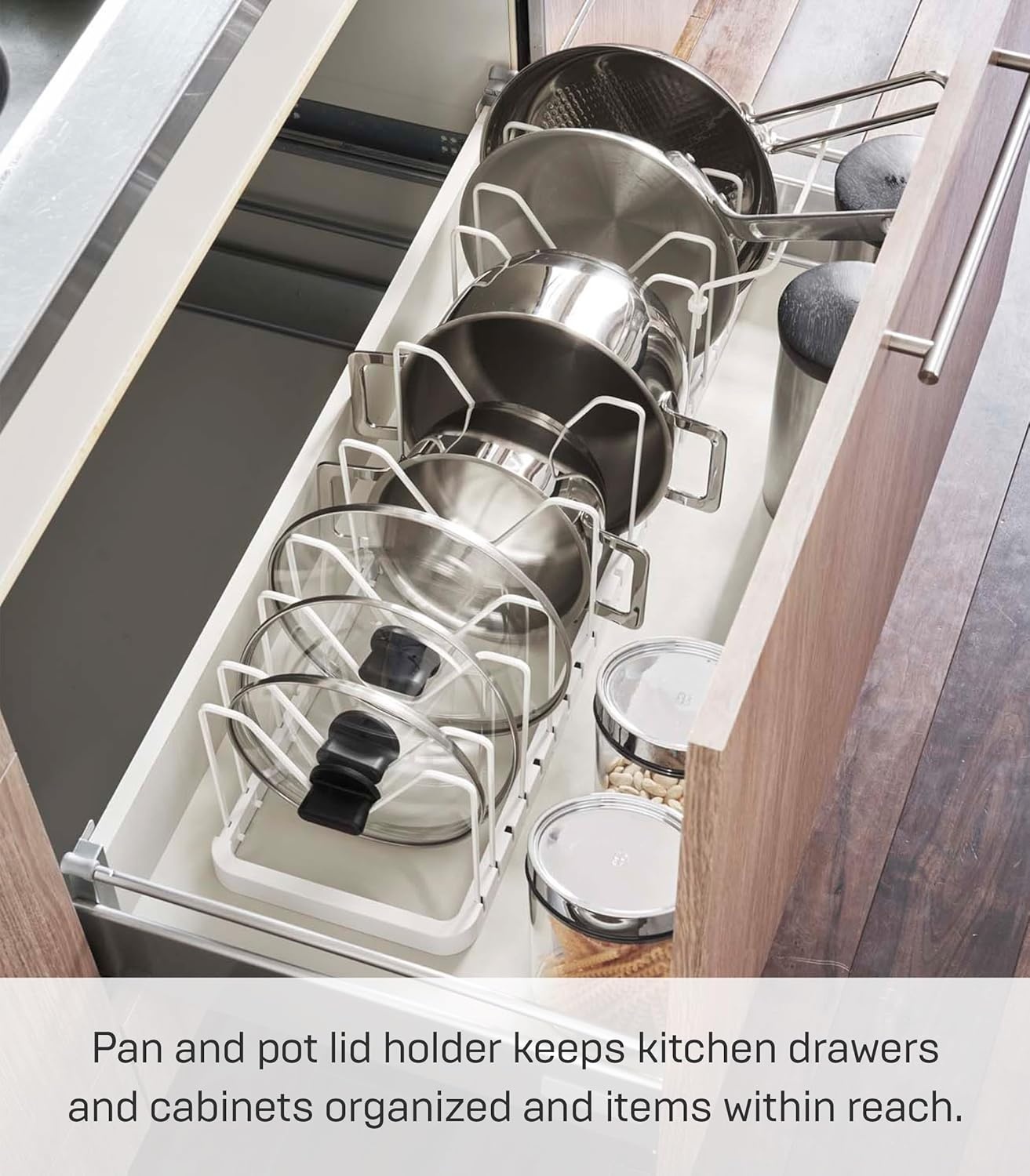 image:imageYAMAZAKI Home Adjustable Lid amp Pan Organizer Kitchen Drawer Storage Shelf Rack Steel One Size BlackWhite
