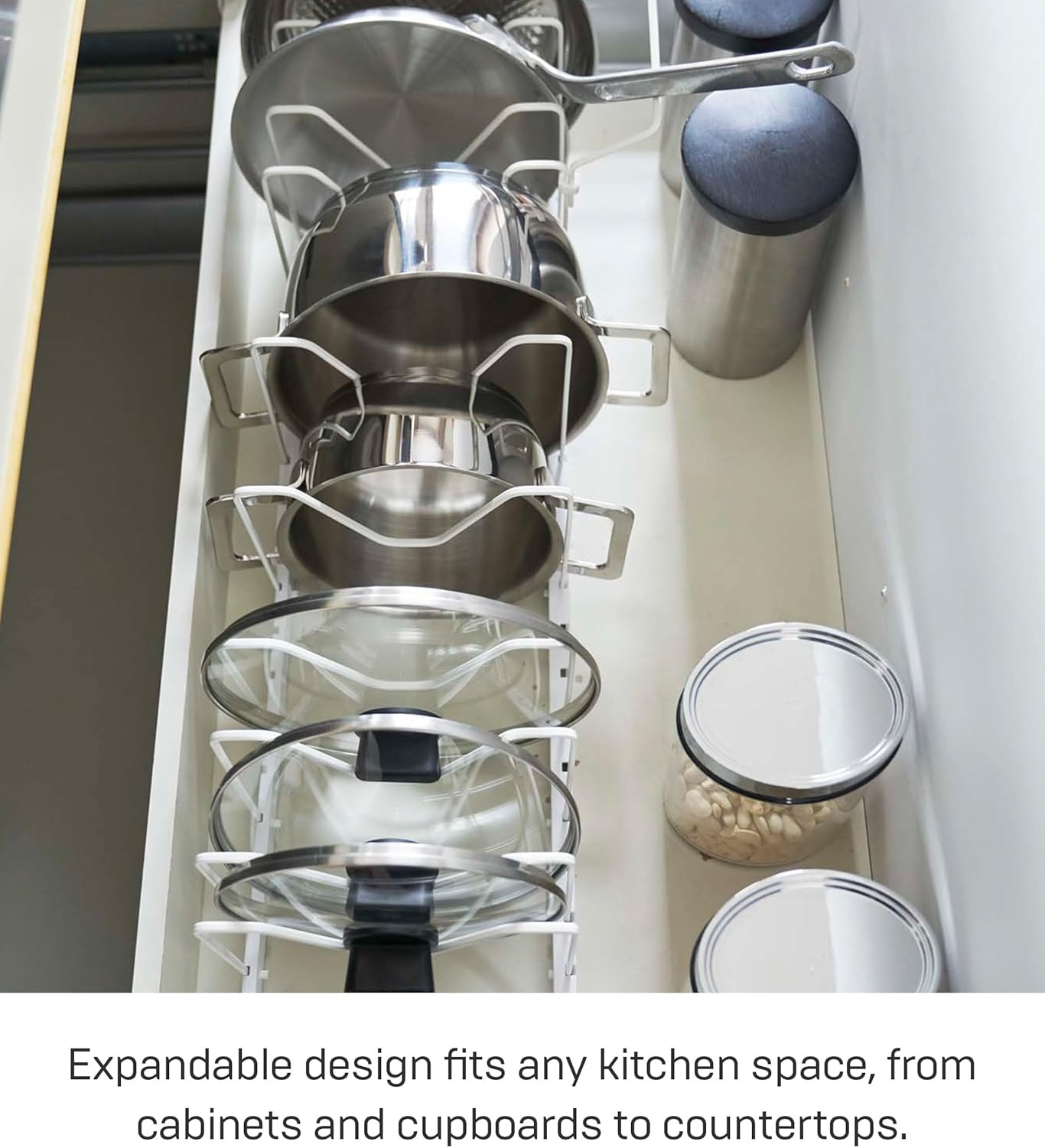 image:imageYAMAZAKI Home Adjustable Lid amp Pan Organizer Kitchen Drawer Storage Shelf Rack Steel One Size BlackWhite