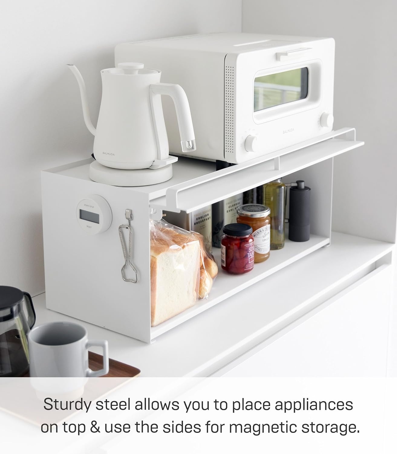 image:imageYAMAZAKI Home BackOpening Kitchen Countertop Storage Rack Compact Organizer with LiftUp Door for Spices Condiments amp Pantry Items Modern Steel Cabinet for Small Spaces SteelWhite