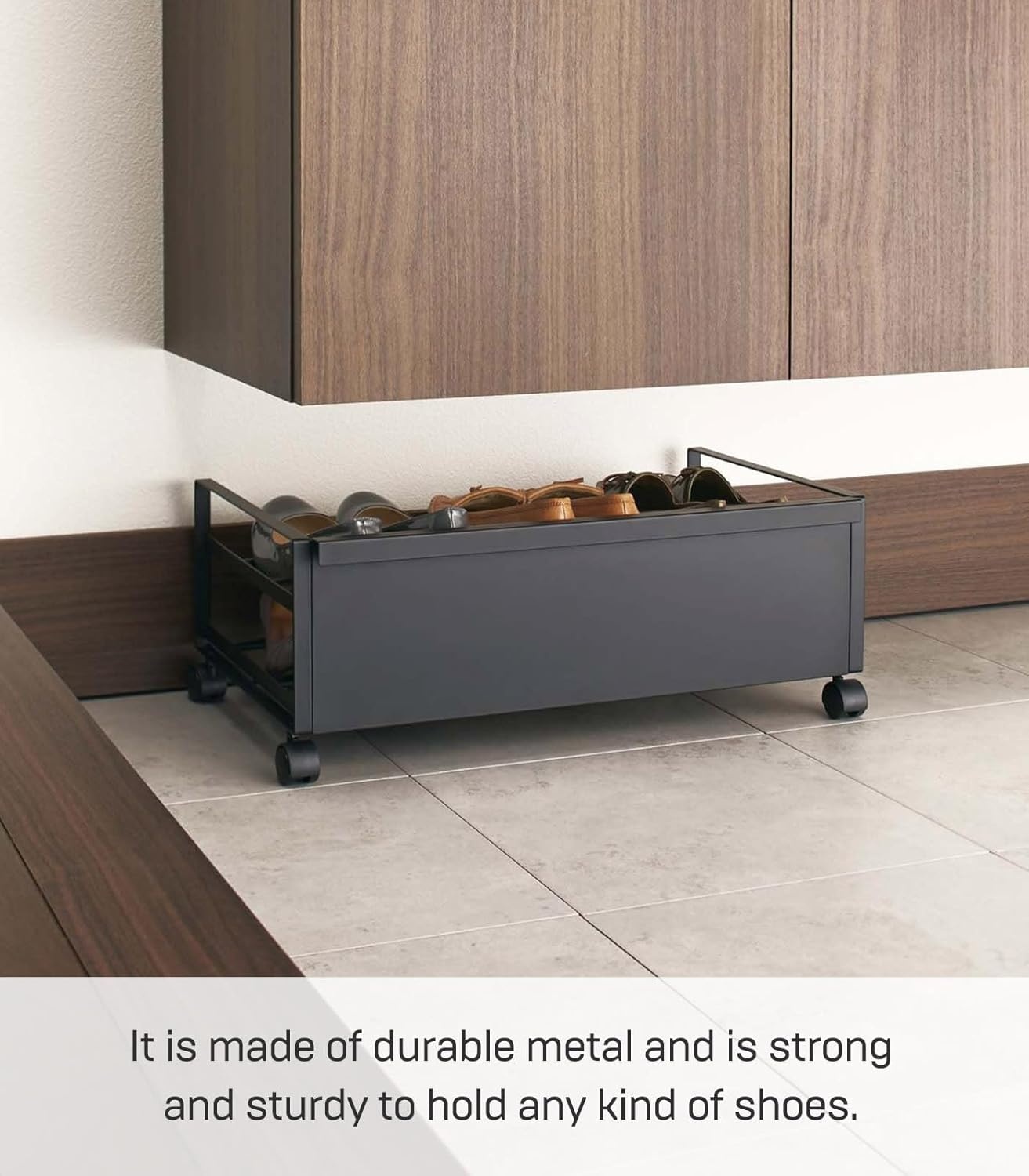 image:imageYAMAZAKI Home Frame Rolling Shoe Rack Compact Entryway Or Bedroom Metal Shoe Organizer With Wheels Steel Holds 4 Shoes 6 HeelsBlack