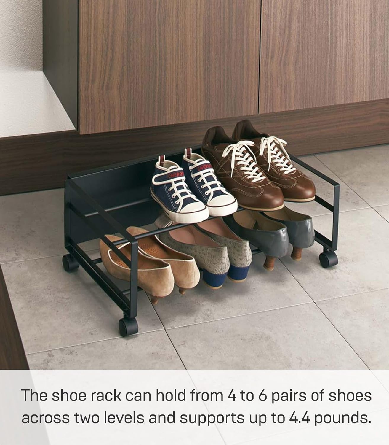 image:imageYAMAZAKI Home Frame Rolling Shoe Rack Compact Entryway Or Bedroom Metal Shoe Organizer With Wheels Steel Holds 4 Shoes 6 HeelsBlack