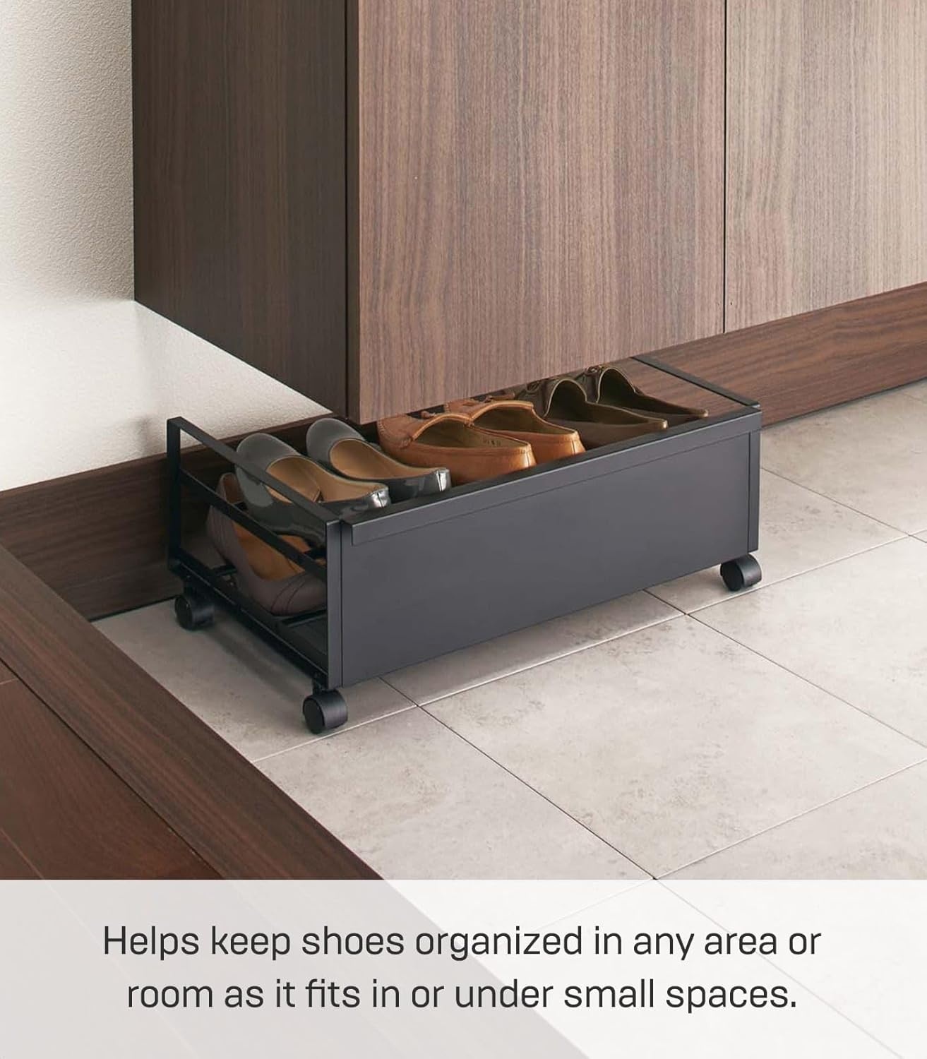 image:imageYAMAZAKI Home Frame Rolling Shoe Rack Compact Entryway Or Bedroom Metal Shoe Organizer With Wheels Steel Holds 4 Shoes 6 HeelsBlack