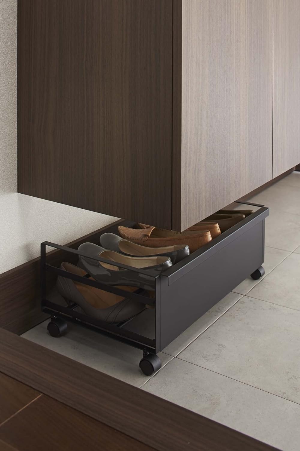 image:imageYAMAZAKI Home Frame Rolling Shoe Rack Compact Entryway Or Bedroom Metal Shoe Organizer With Wheels Steel Holds 4 Shoes 6 HeelsBlack