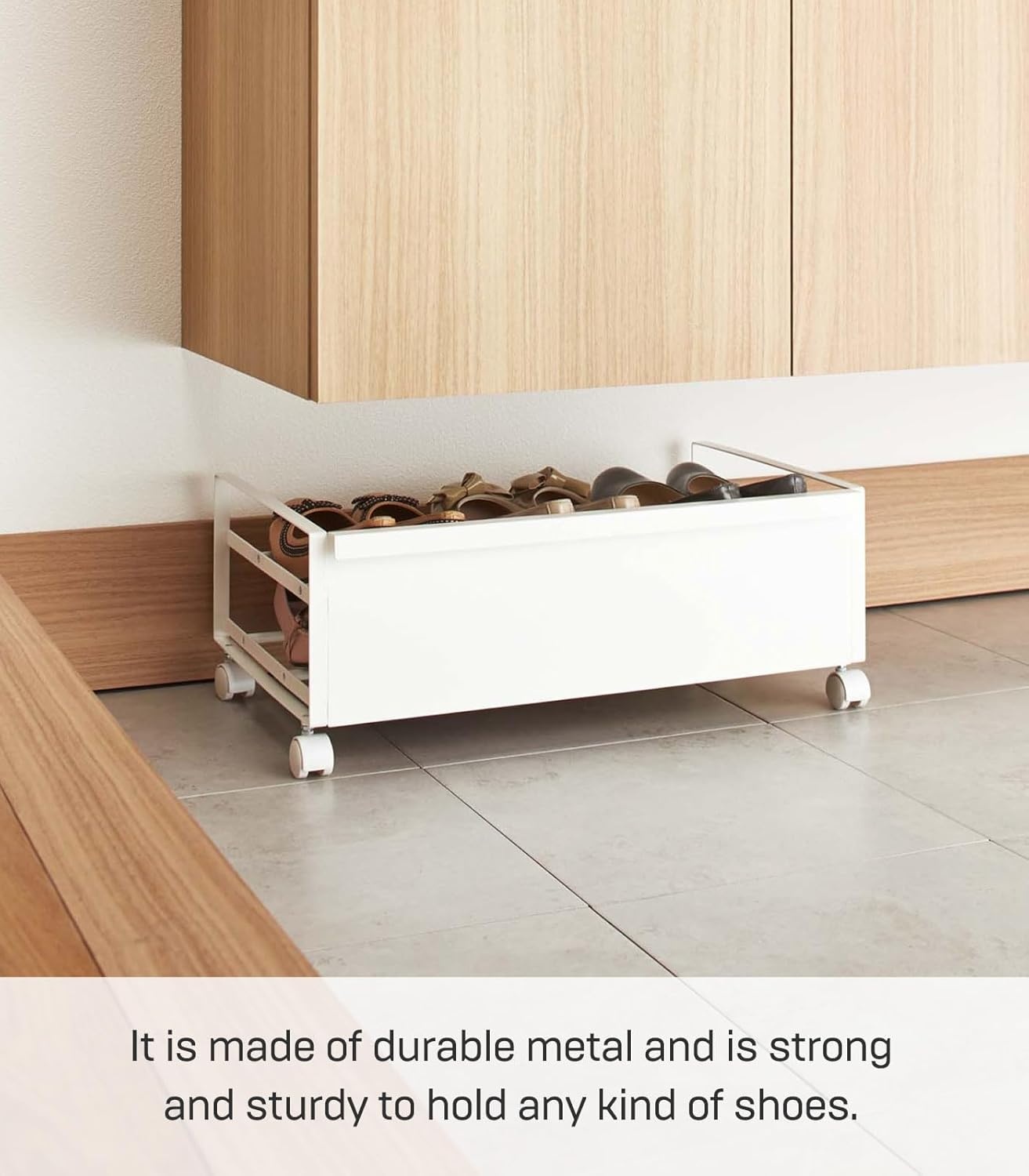 image:imageYAMAZAKI Home Frame Rolling Shoe Rack Compact Entryway Or Bedroom Metal Shoe Organizer With Wheels Steel Holds 4 Shoes 6 HeelsWhite
