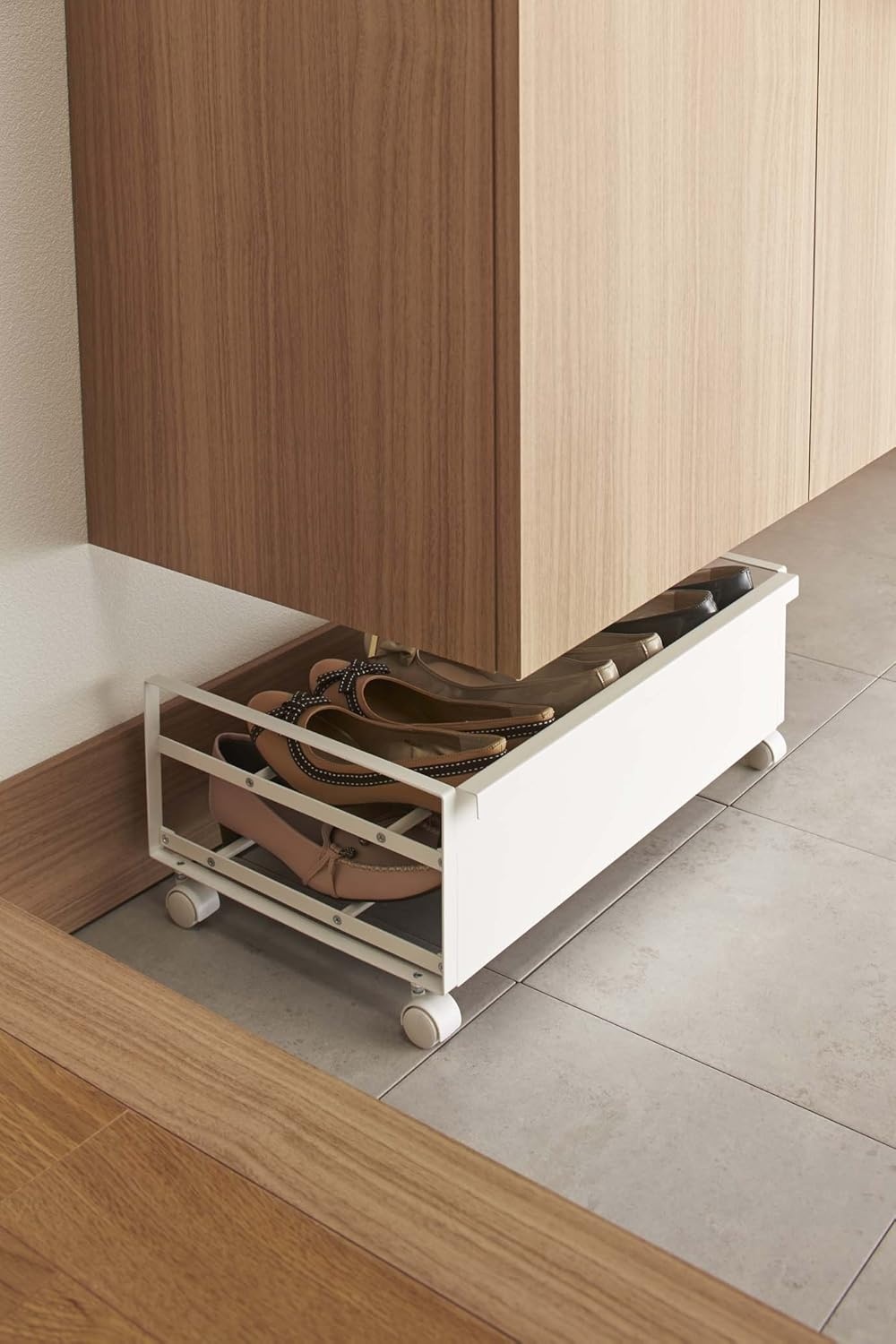 image:imageYAMAZAKI Home Frame Rolling Shoe Rack Compact Entryway Or Bedroom Metal Shoe Organizer With Wheels Steel Holds 4 Shoes 6 HeelsWhite