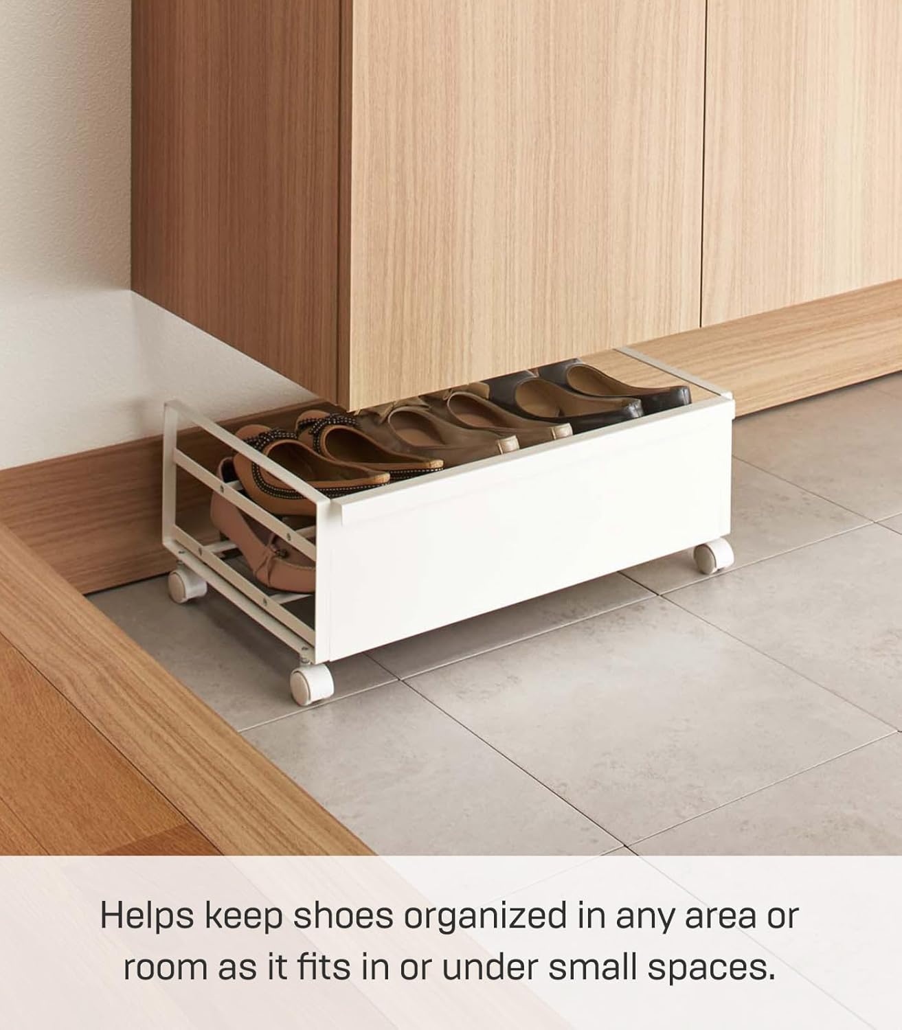 image:imageYAMAZAKI Home Frame Rolling Shoe Rack Compact Entryway Or Bedroom Metal Shoe Organizer With Wheels Steel Holds 4 Shoes 6 HeelsWhite