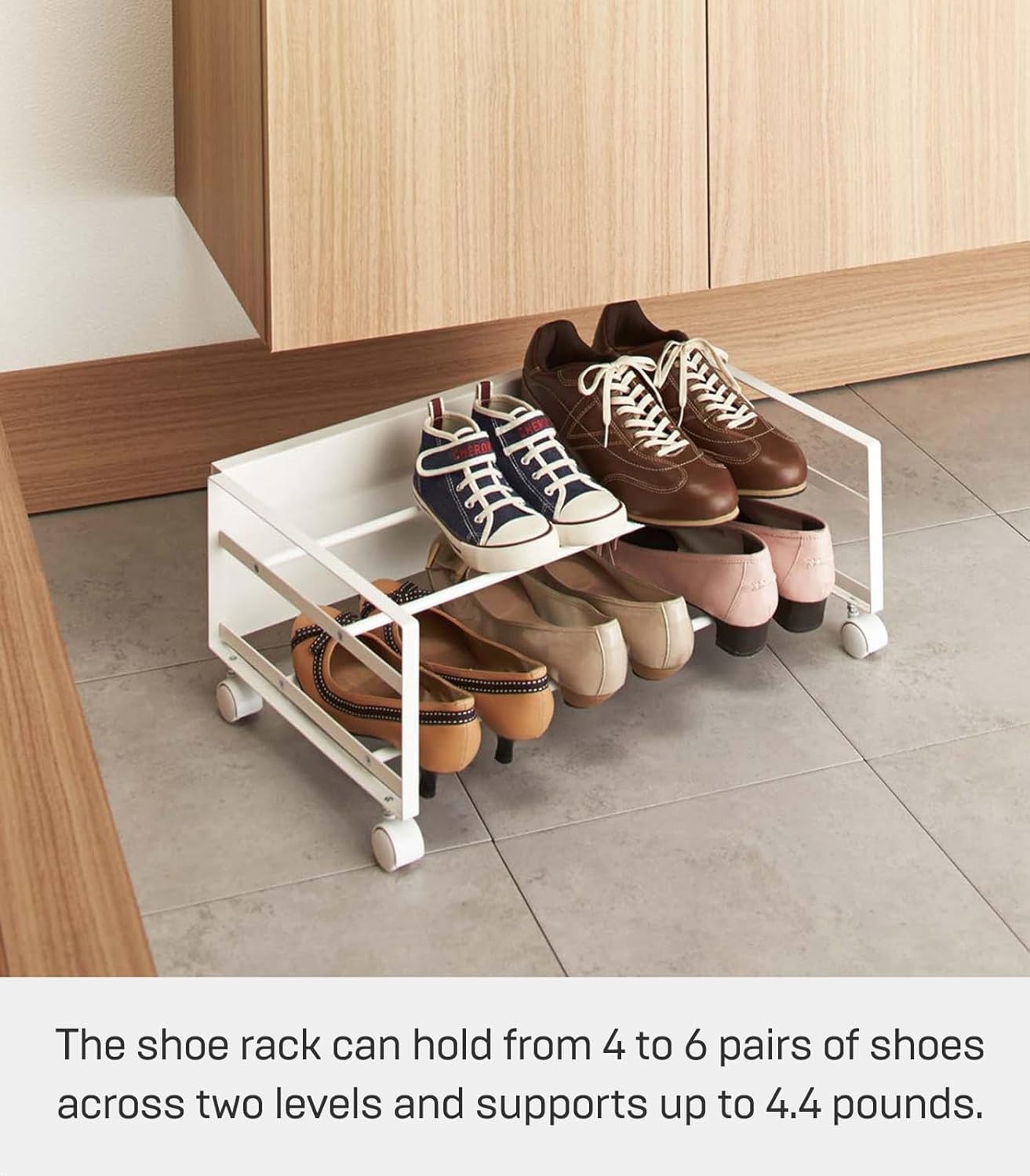 image:imageYAMAZAKI Home Frame Rolling Shoe Rack Compact Entryway Or Bedroom Metal Shoe Organizer With Wheels Steel Holds 4 Shoes 6 HeelsWhite