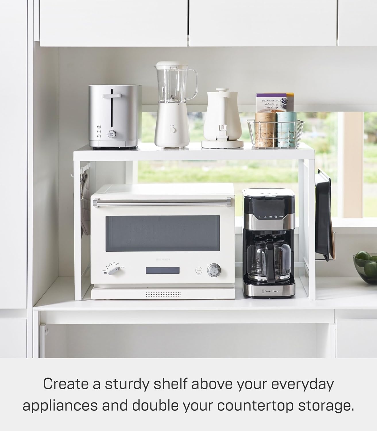 image:imageYAMAZAKI Home Kitchen Appliance Rack Microwave Stand With Steel Side Panel Adjustable Shelves Hooks amp Storage For Countertops Small Kitchen Organizer Modern Minimal Design SteelWhite