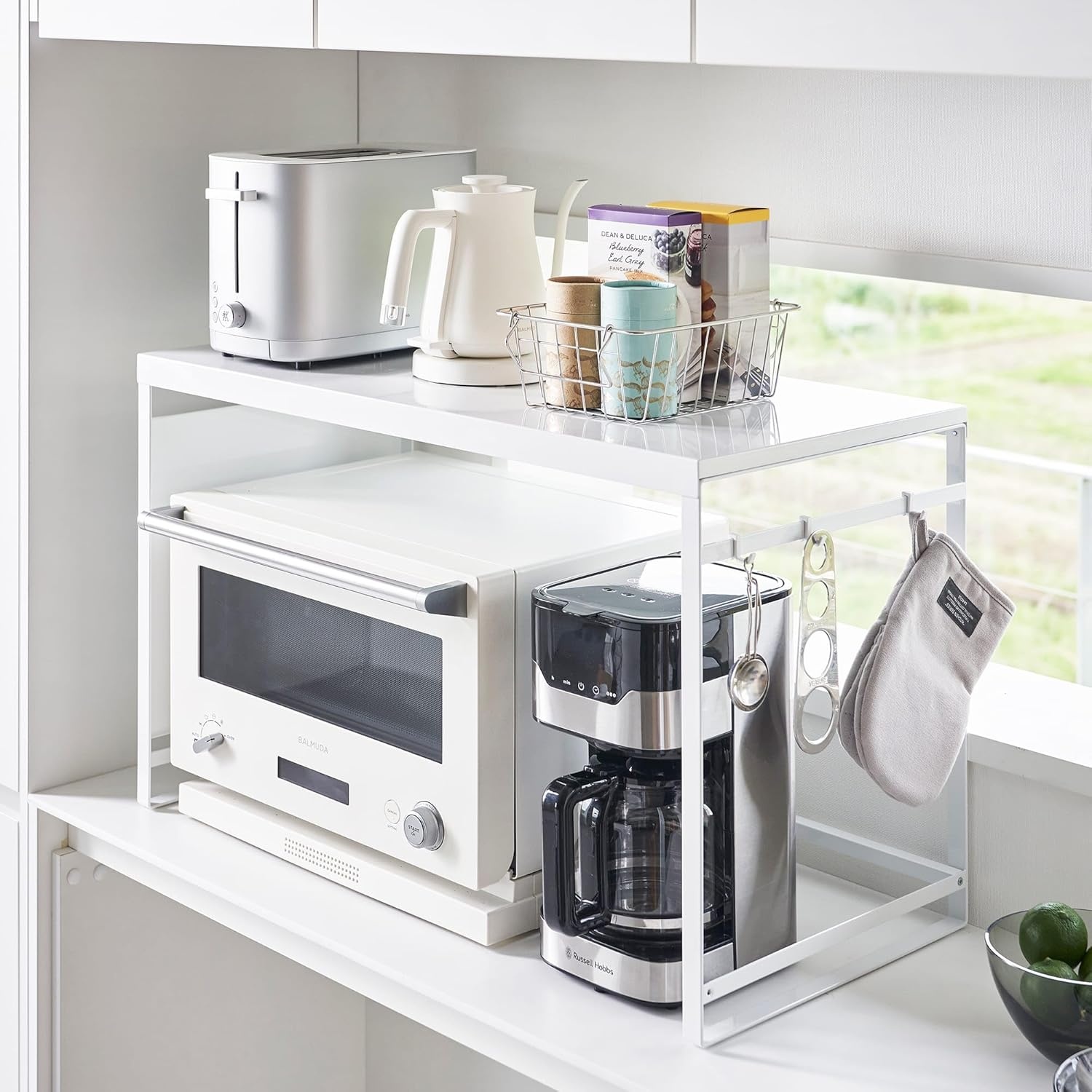 image:imageYAMAZAKI Home Kitchen Appliance Rack Microwave Stand With Steel Side Panel Adjustable Shelves Hooks amp Storage For Countertops Small Kitchen Organizer Modern Minimal Design SteelWhite