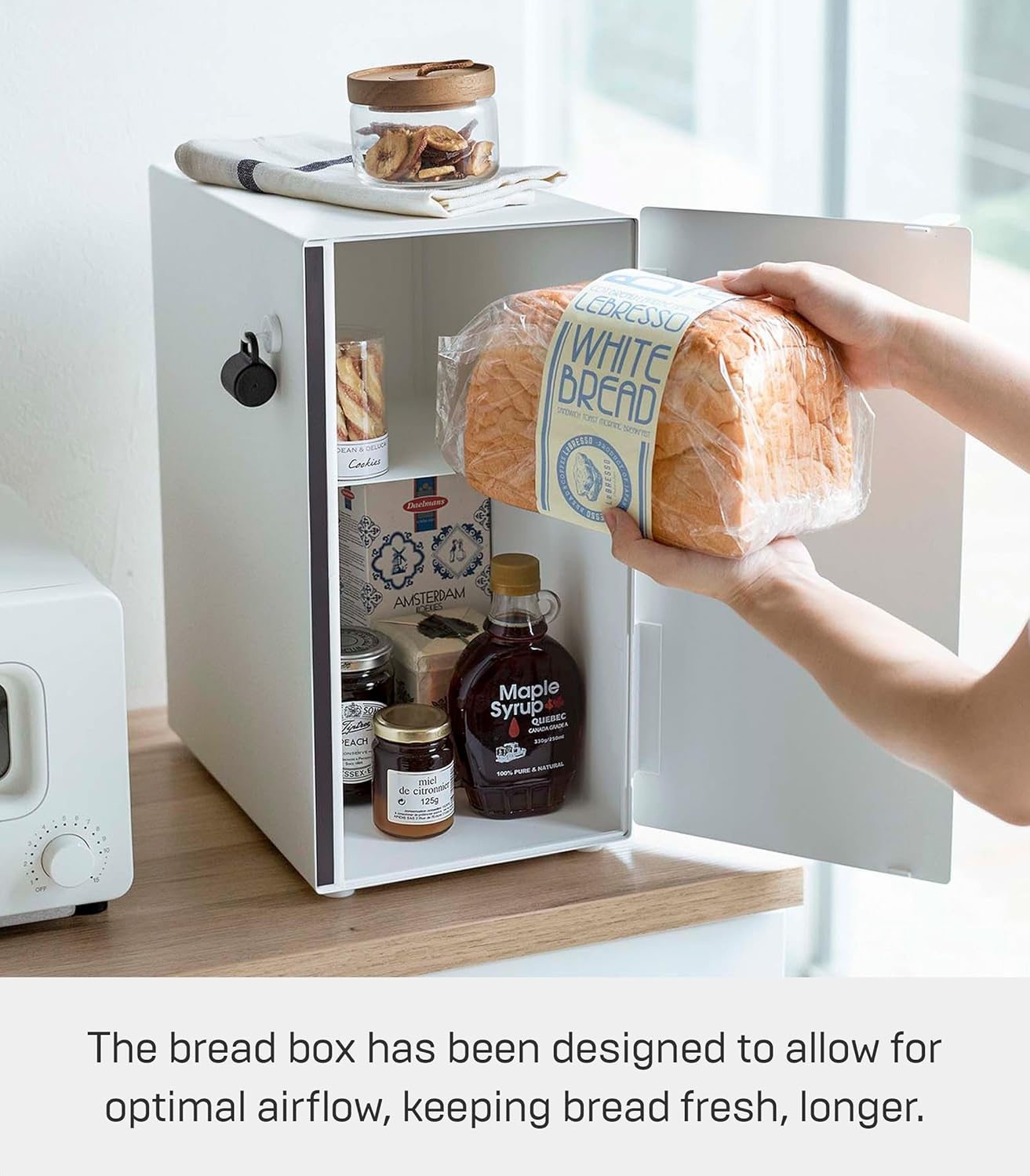 image:imageYAMAZAKI Home Modern Bread Box Steel Wood Countertop Bread Storage Container Large White Bread Box for Kitchen Countertop SpaceSaving Bread Keeper Easy Access LidWhite