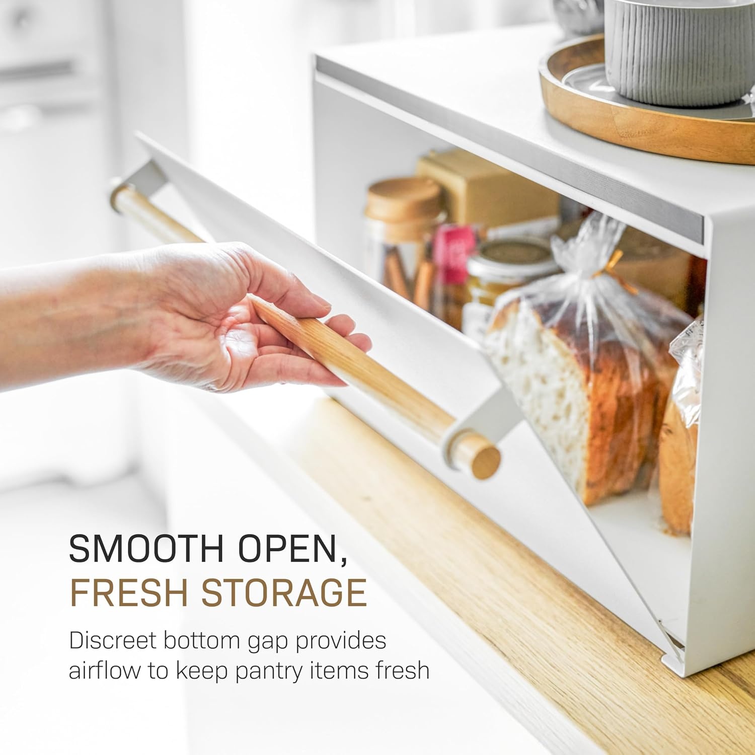 image:imageYAMAZAKI Home Modern Bread Box Steel Wood Countertop Bread Storage Container Large White Bread Box for Kitchen Countertop SpaceSaving Bread Keeper Easy Access LidWhite