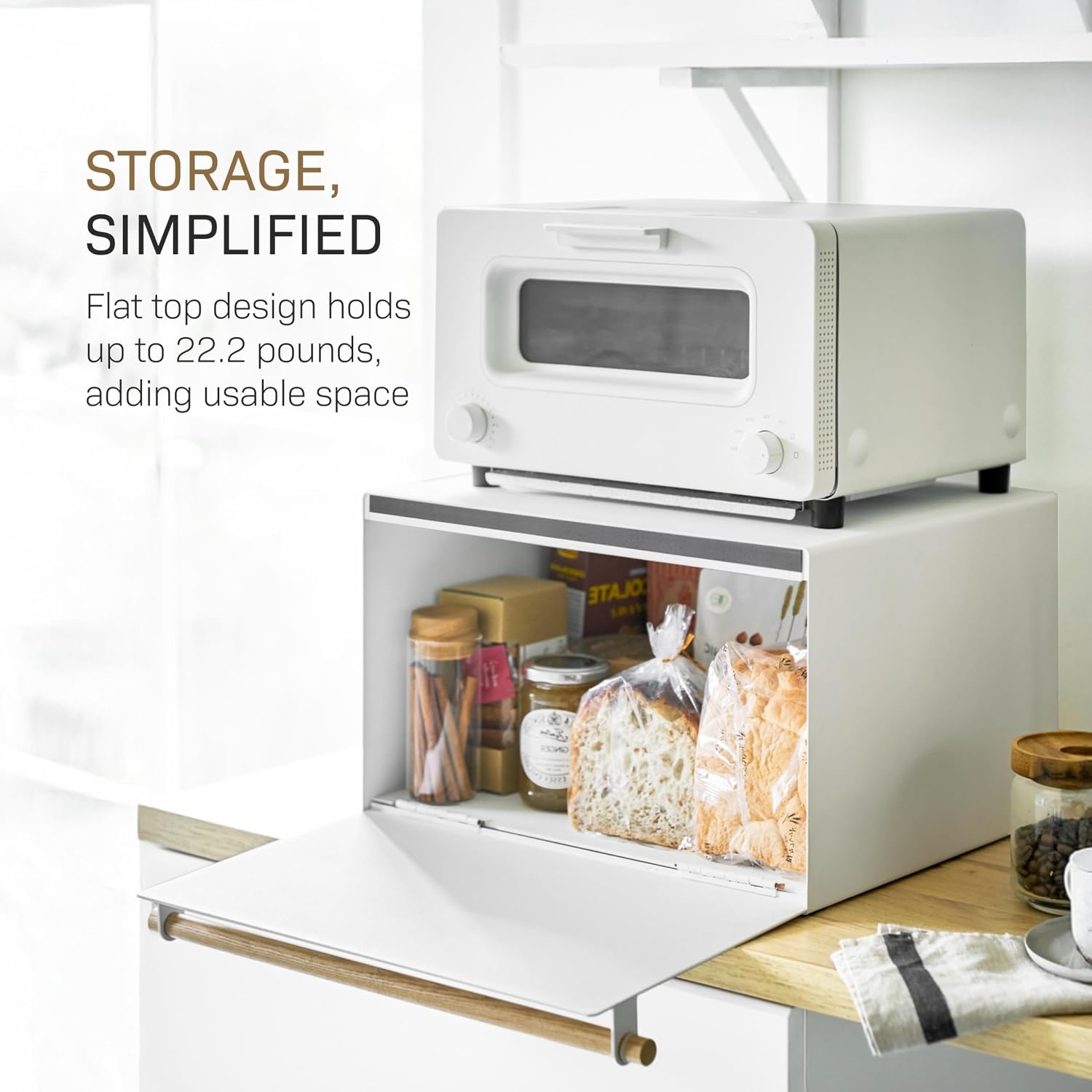 image:imageYAMAZAKI Home Modern Bread Box Steel Wood Countertop Bread Storage Container Large White Bread Box for Kitchen Countertop SpaceSaving Bread Keeper Easy Access LidWhite