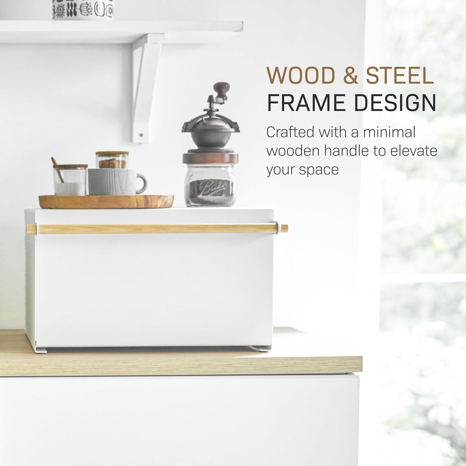 image:imageYAMAZAKI Home Modern Bread Box Steel Wood Countertop Bread Storage Container Large White Bread Box for Kitchen Countertop SpaceSaving Bread Keeper Easy Access LidWhite
