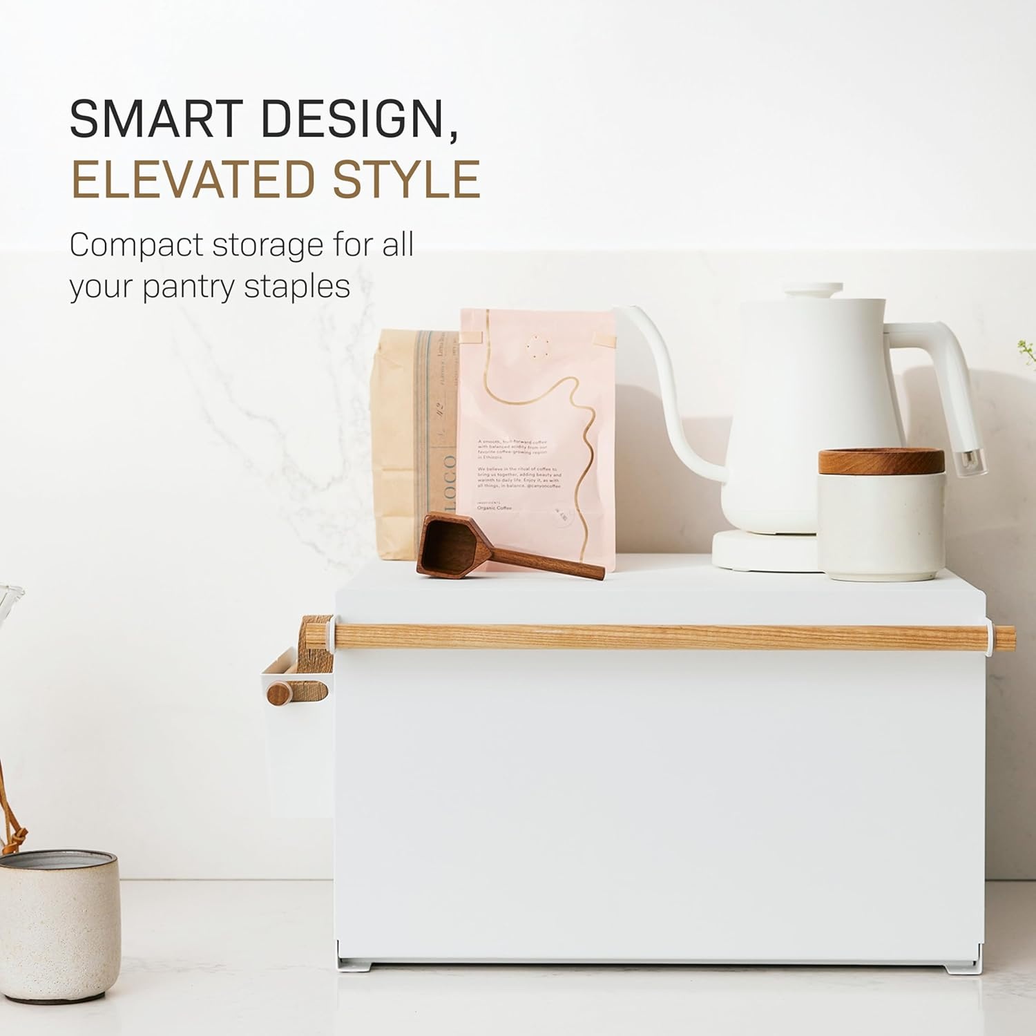 image:imageYAMAZAKI Home Modern Bread Box Steel Wood Countertop Bread Storage Container Large White Bread Box for Kitchen Countertop SpaceSaving Bread Keeper Easy Access LidWhite