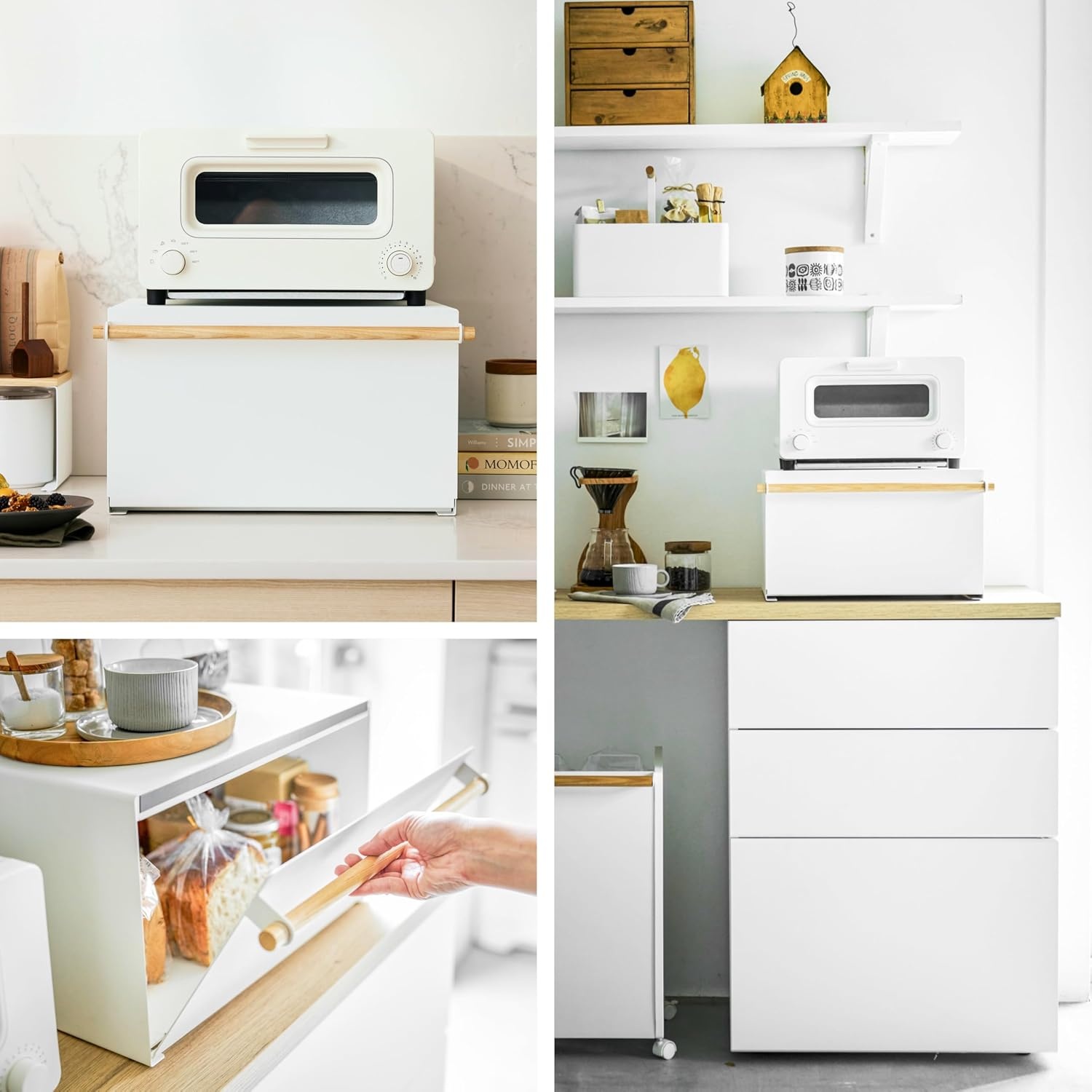 image:imageYAMAZAKI Home Modern Bread Box Steel Wood Countertop Bread Storage Container Large White Bread Box for Kitchen Countertop SpaceSaving Bread Keeper Easy Access LidWhite