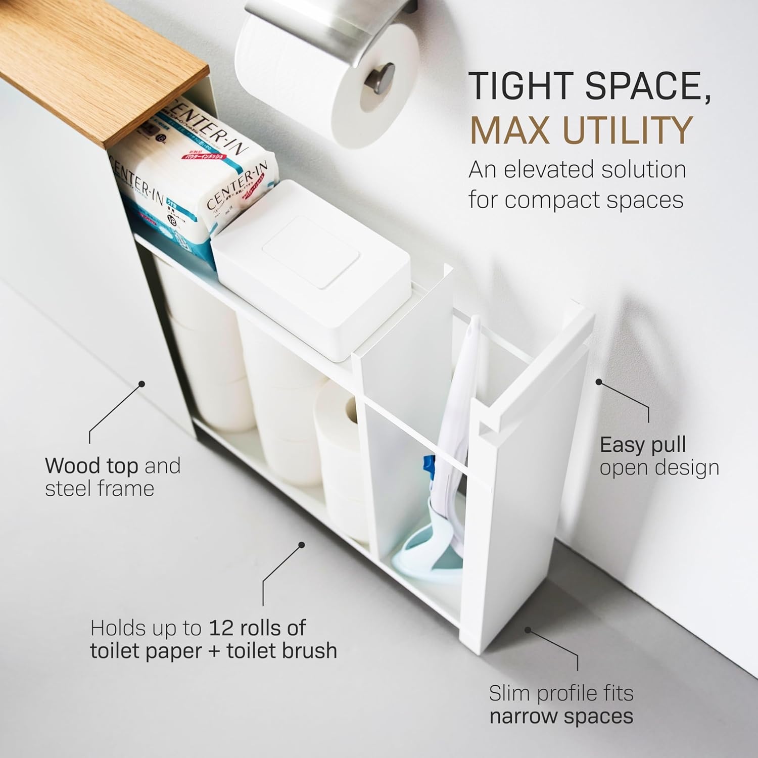 image:imageYAMAZAKI Home PullOut Bathroom Storage Cabinet Slim Bathroom Storage Cabinet with Wood Top Steel Organizer for Toilet Paper and Cleaning Supplies Modern SpaceSaving Design White Steel WoodWhite
