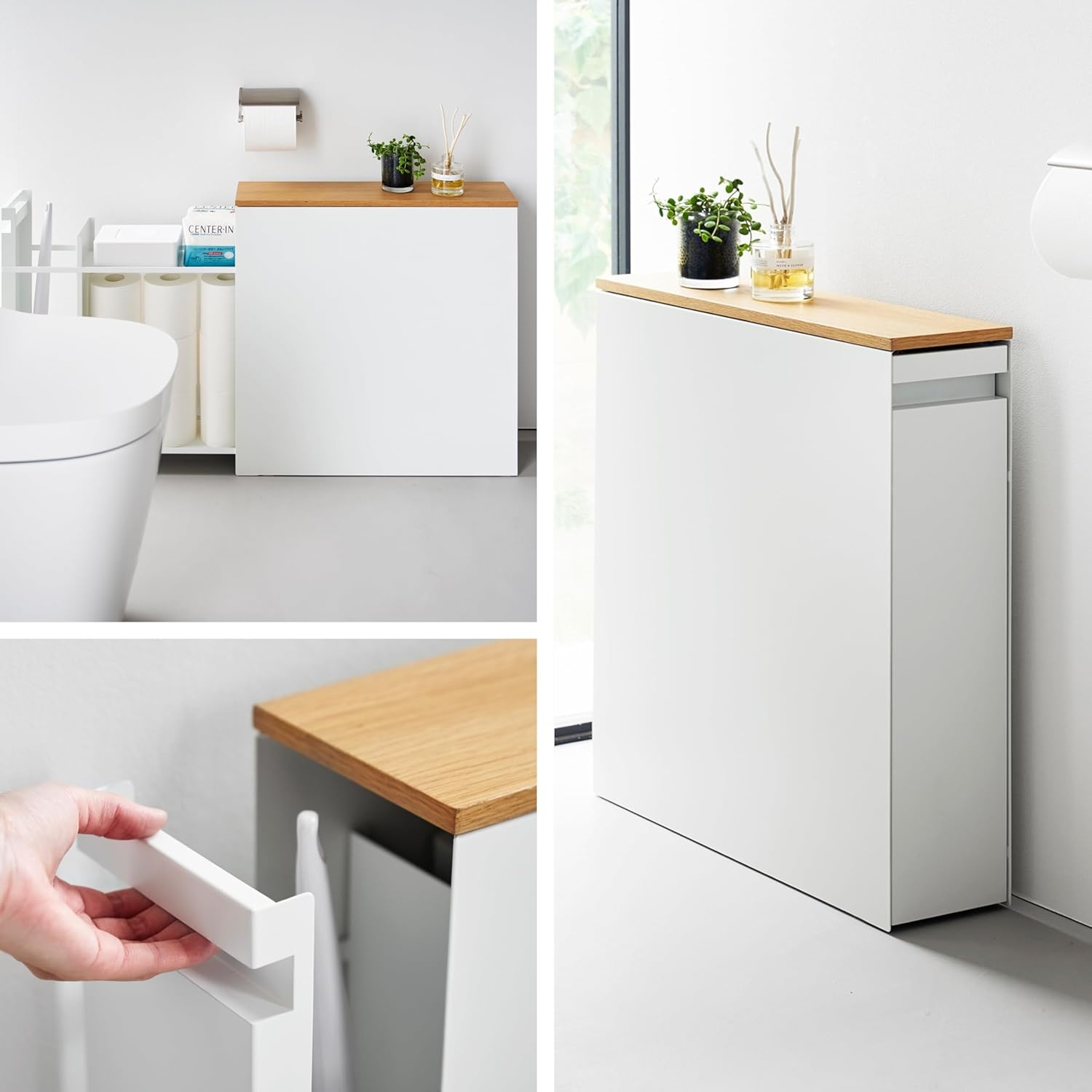 image:imageYAMAZAKI Home PullOut Bathroom Storage Cabinet Slim Bathroom Storage Cabinet with Wood Top Steel Organizer for Toilet Paper and Cleaning Supplies Modern SpaceSaving Design White Steel WoodWhite