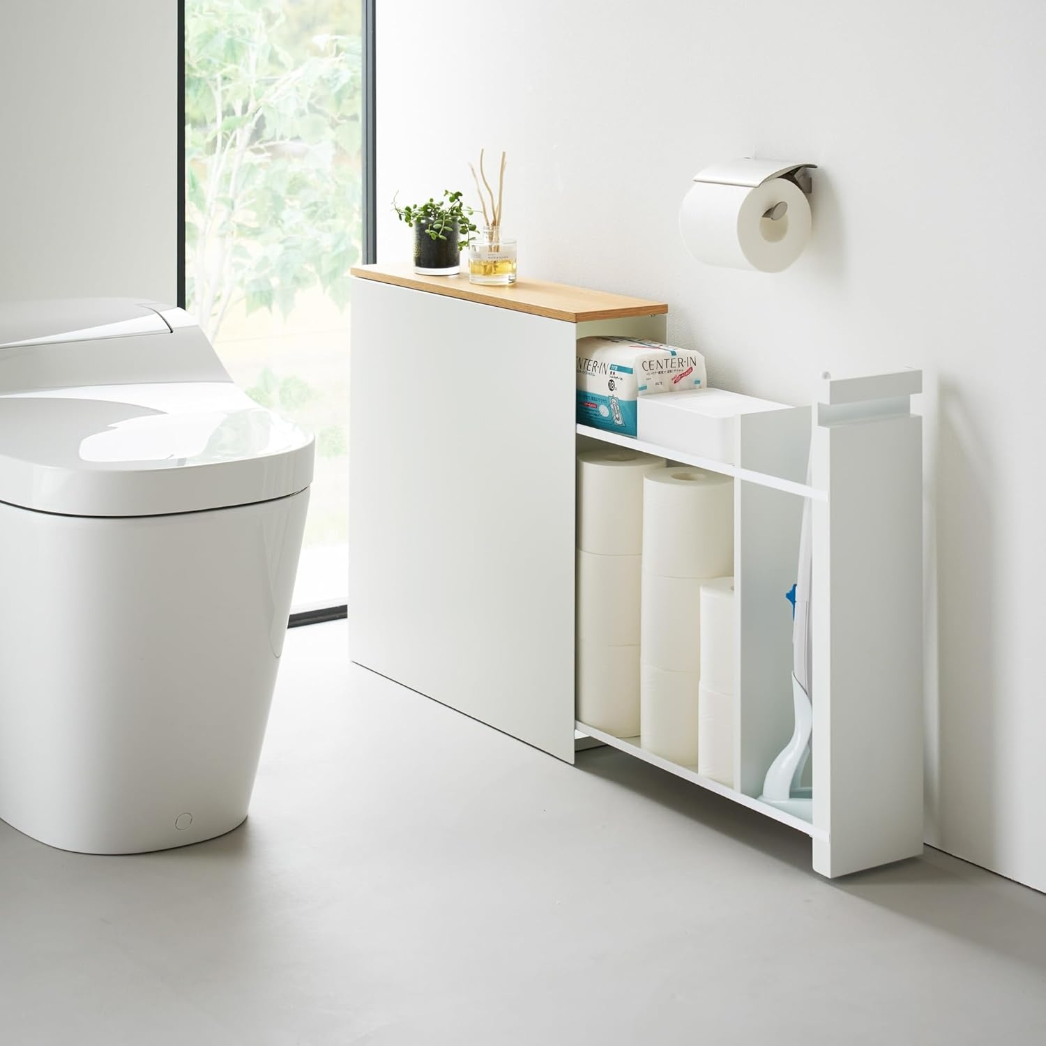 image:imageYAMAZAKI Home PullOut Bathroom Storage Cabinet Slim Bathroom Storage Cabinet with Wood Top Steel Organizer for Toilet Paper and Cleaning Supplies Modern SpaceSaving Design White Steel WoodWhite