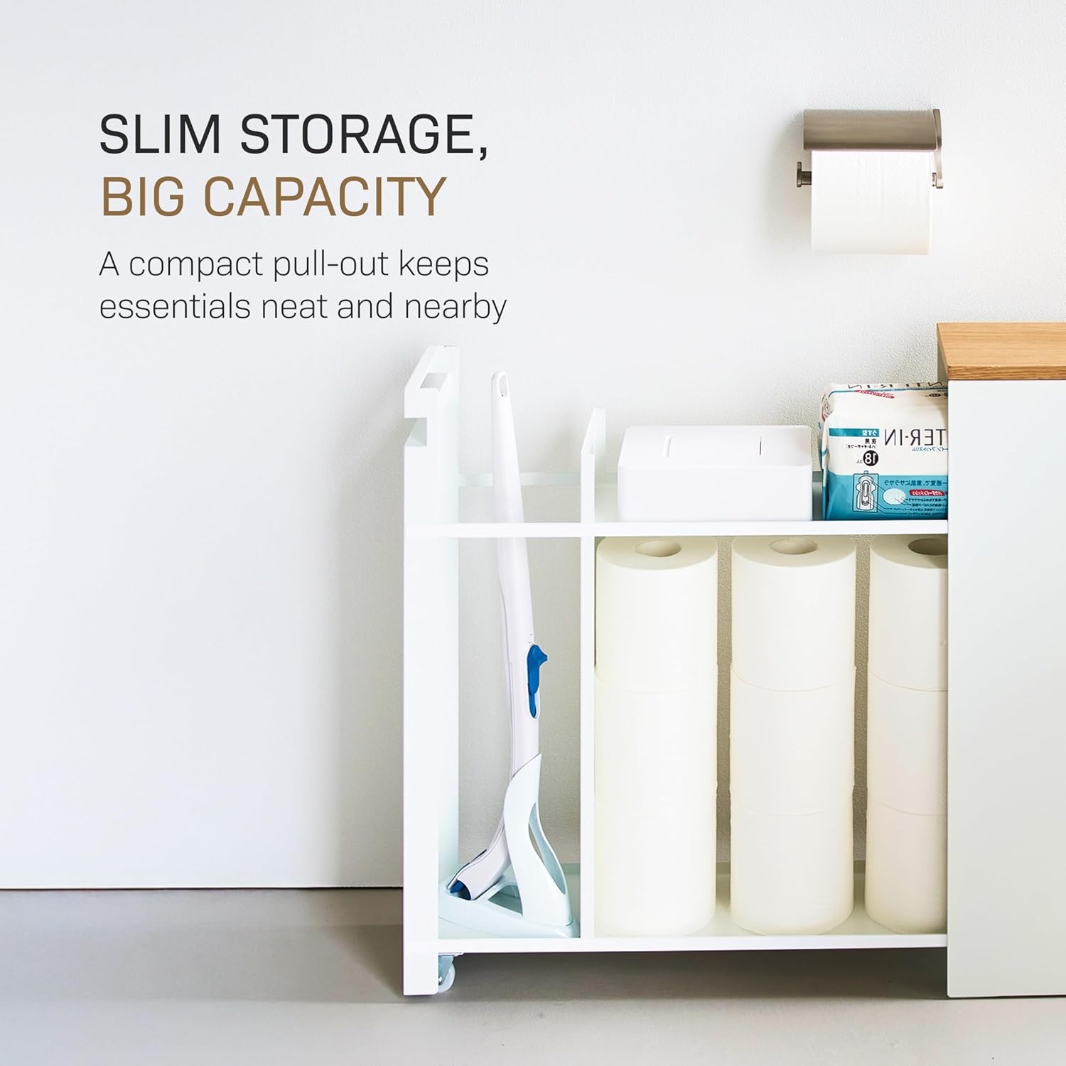image:imageYAMAZAKI Home PullOut Bathroom Storage Cabinet Slim Bathroom Storage Cabinet with Wood Top Steel Organizer for Toilet Paper and Cleaning Supplies Modern SpaceSaving Design White Steel WoodWhite