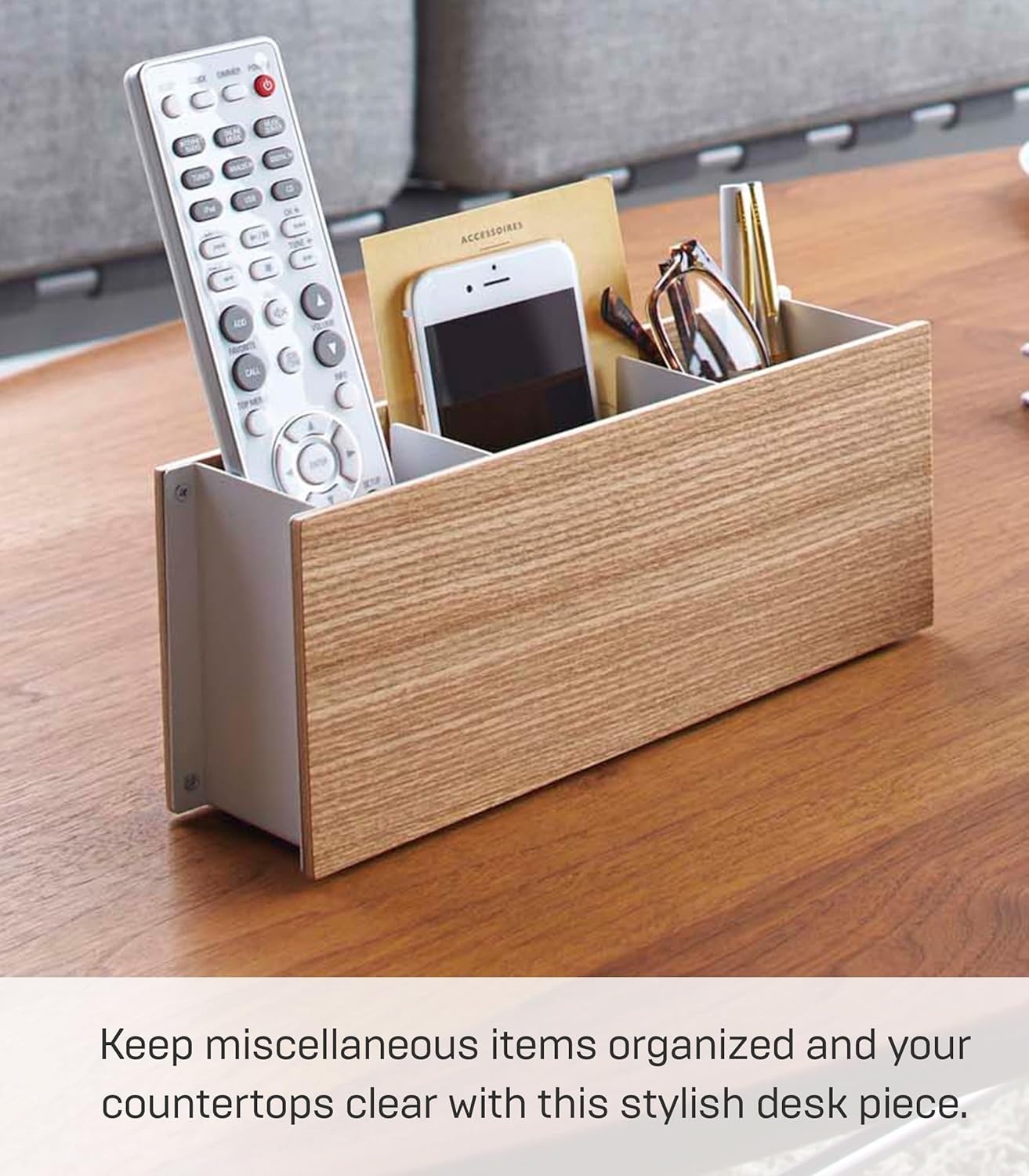 image:imageYAMAZAKI Home Rin Desk Organizer Tv Remote Control And Pen Holder Small Steel WoodAsh