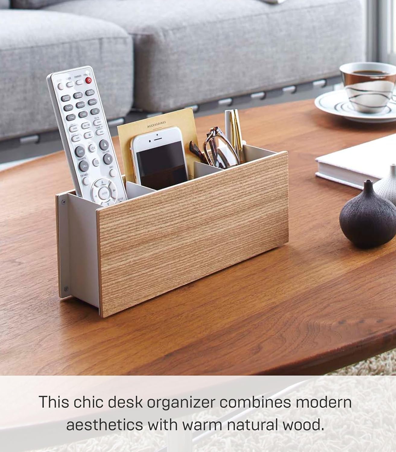 image:imageYAMAZAKI Home Rin Desk Organizer Tv Remote Control And Pen Holder Small Steel WoodAsh