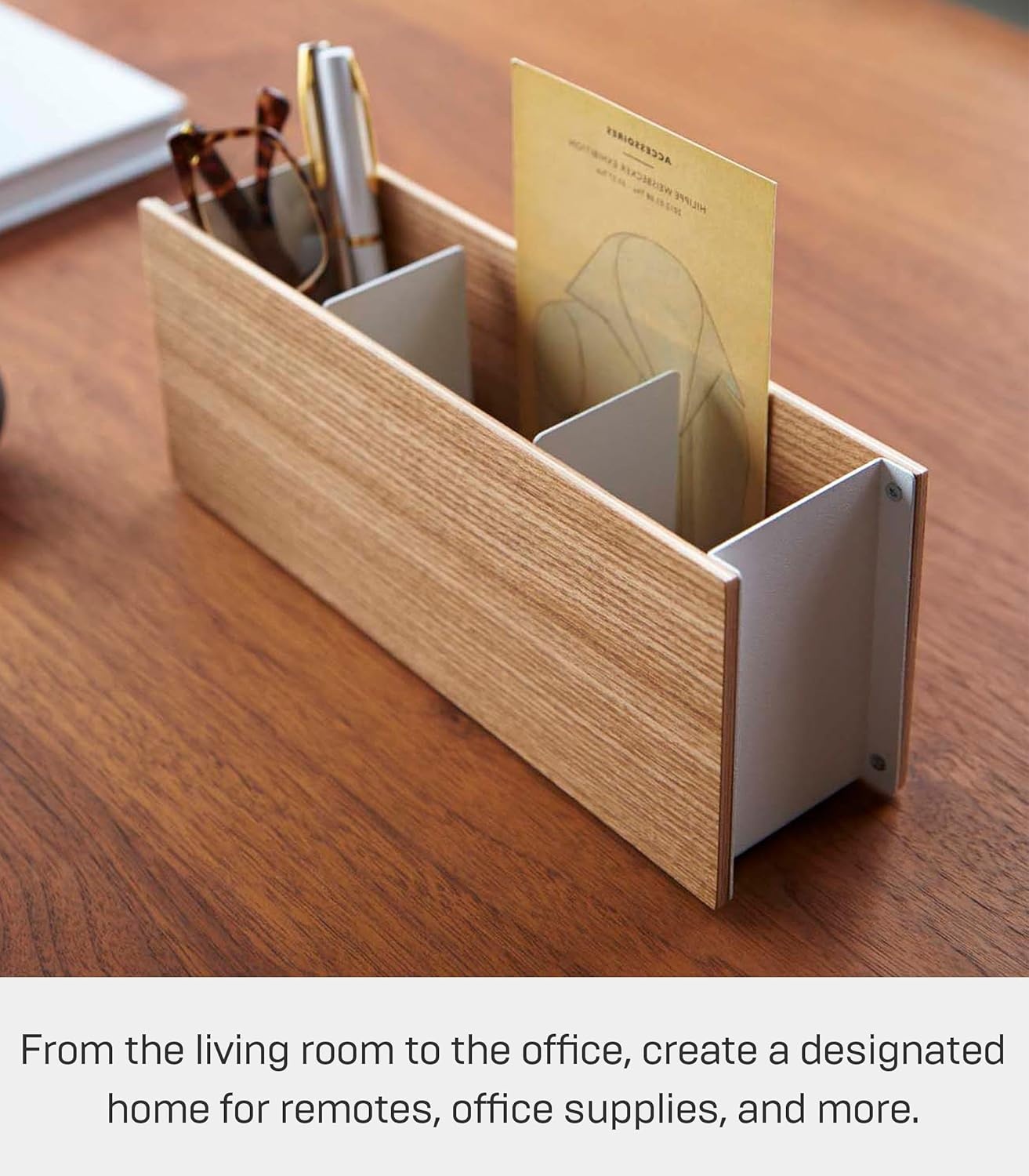 image:imageYAMAZAKI Home Rin Desk Organizer Tv Remote Control And Pen Holder Small Steel WoodAsh