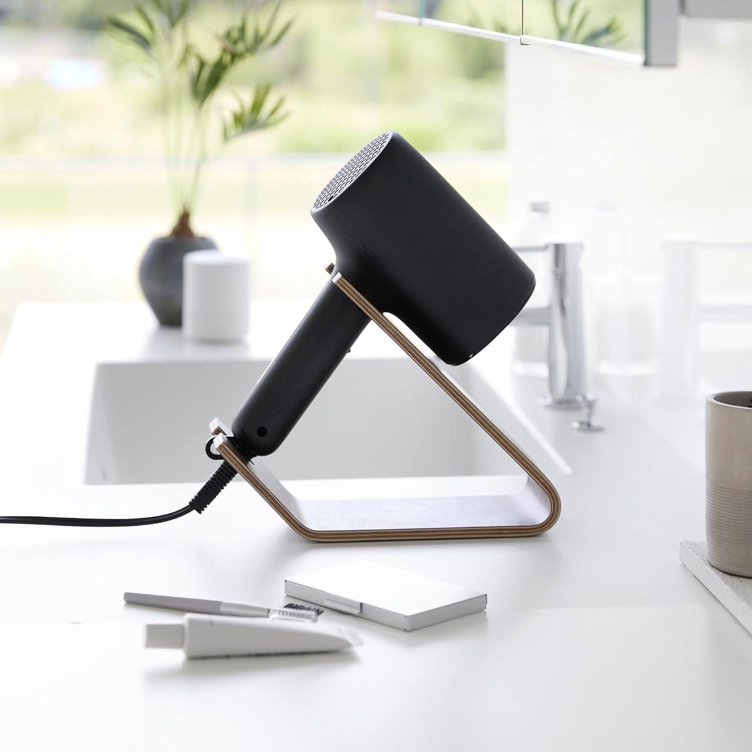 image:imageYAMAZAKI Home Rin Hair Dryer amp Iron Holder Hair Tool Organizer for SalonQuality Blowout HairdryerFlat IronCurling Iron Countertop Organizer Wood