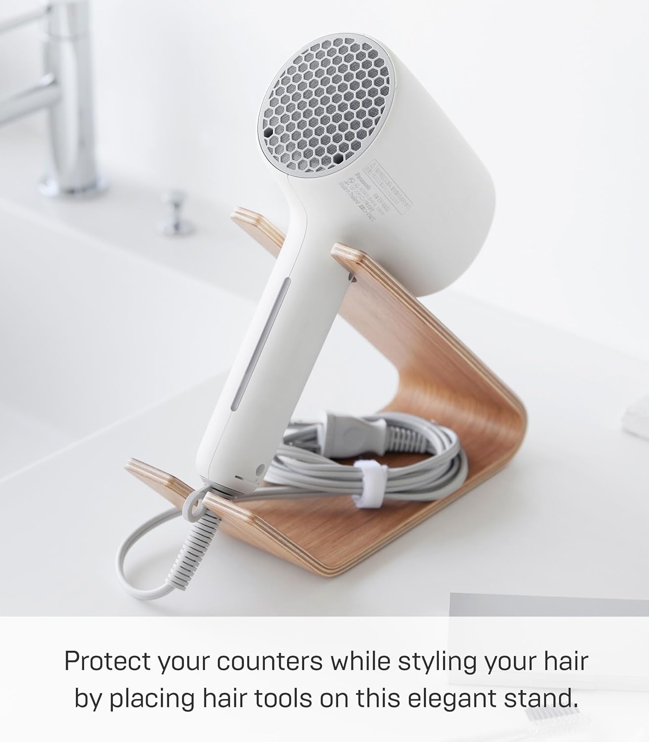 image:imageYAMAZAKI Home Rin Hair Dryer amp Iron Holder Hair Tool Organizer for SalonQuality Blowout HairdryerFlat IronCurling Iron Countertop Organizer WoodAsh