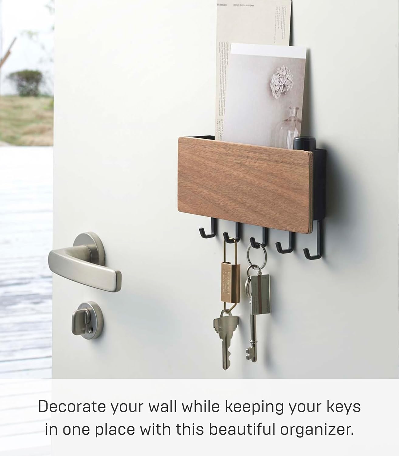 image:imageYAMAZAKI Home Rin Magnetic Wall Organizer Key Hooks amp Tray for Storage Steel WoodWalnut