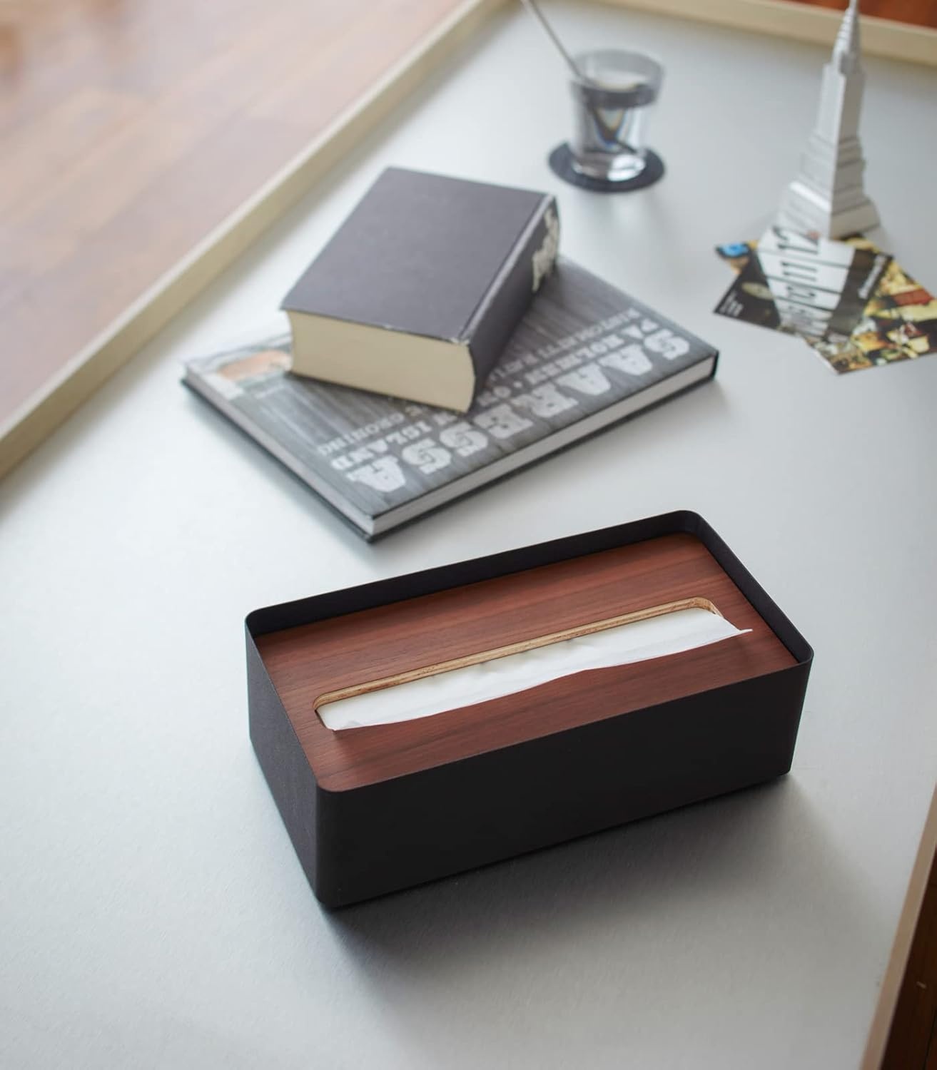 image:imageYAMAZAKI Home Rin Rectangular Tissue Box Holder Metal Dispenser and Tissue Organizer with Wooden Lid Short Steel Wood