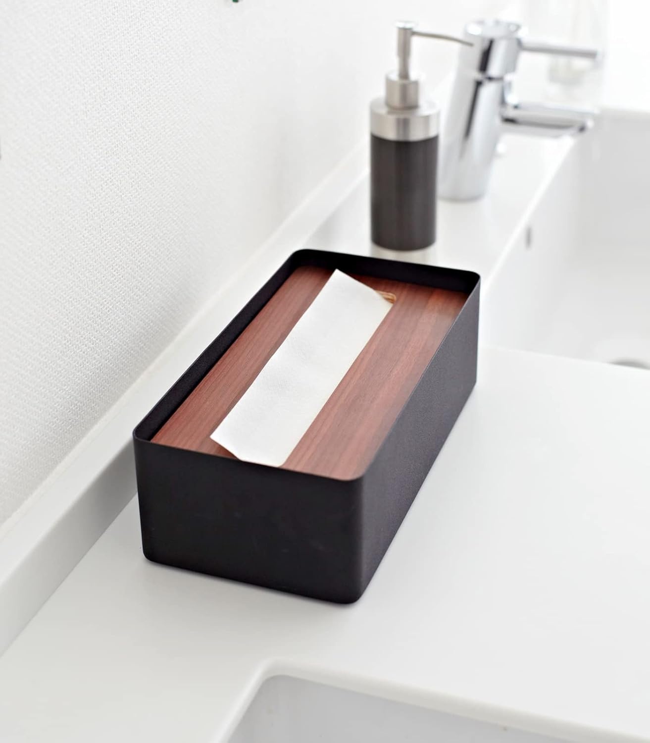 image:imageYAMAZAKI Home Rin Rectangular Tissue Box Holder Metal Dispenser and Tissue Organizer with Wooden Lid Short Steel Wood