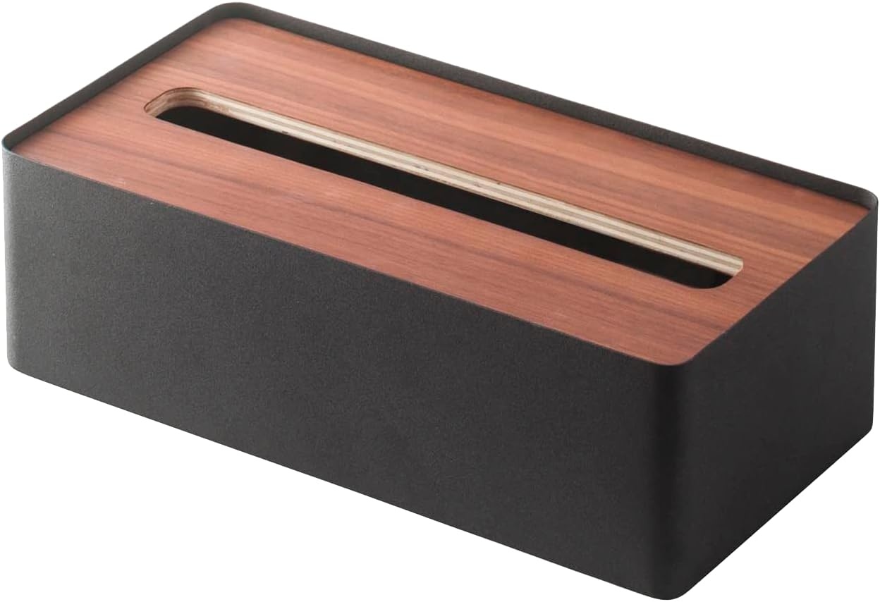 image:imageYAMAZAKI Home Rin Rectangular Tissue Box Holder Metal Dispenser and Tissue Organizer with Wooden Lid Short Steel Wood