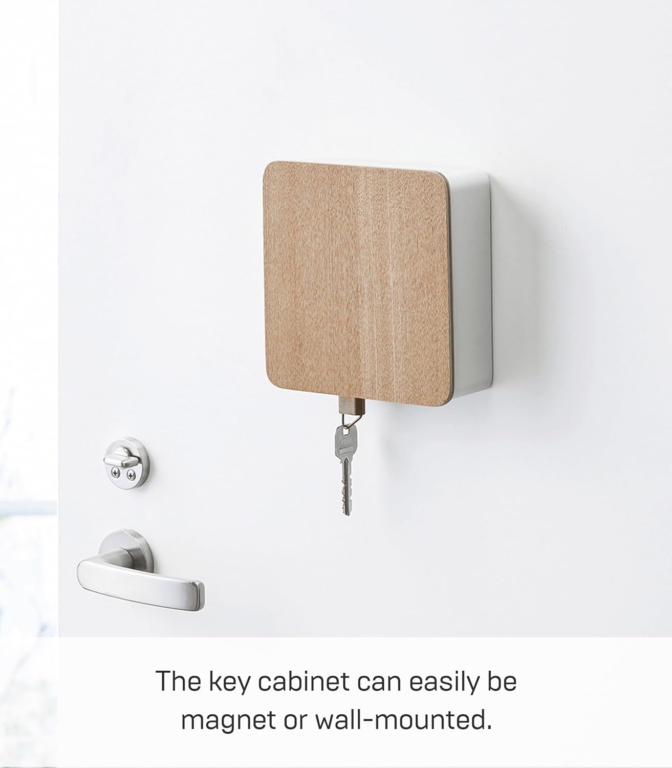 image:imageYAMAZAKI Home Rin Square Magnetic Key Cabinet Wood Accented Keychain Organizer Steel WoodAsh