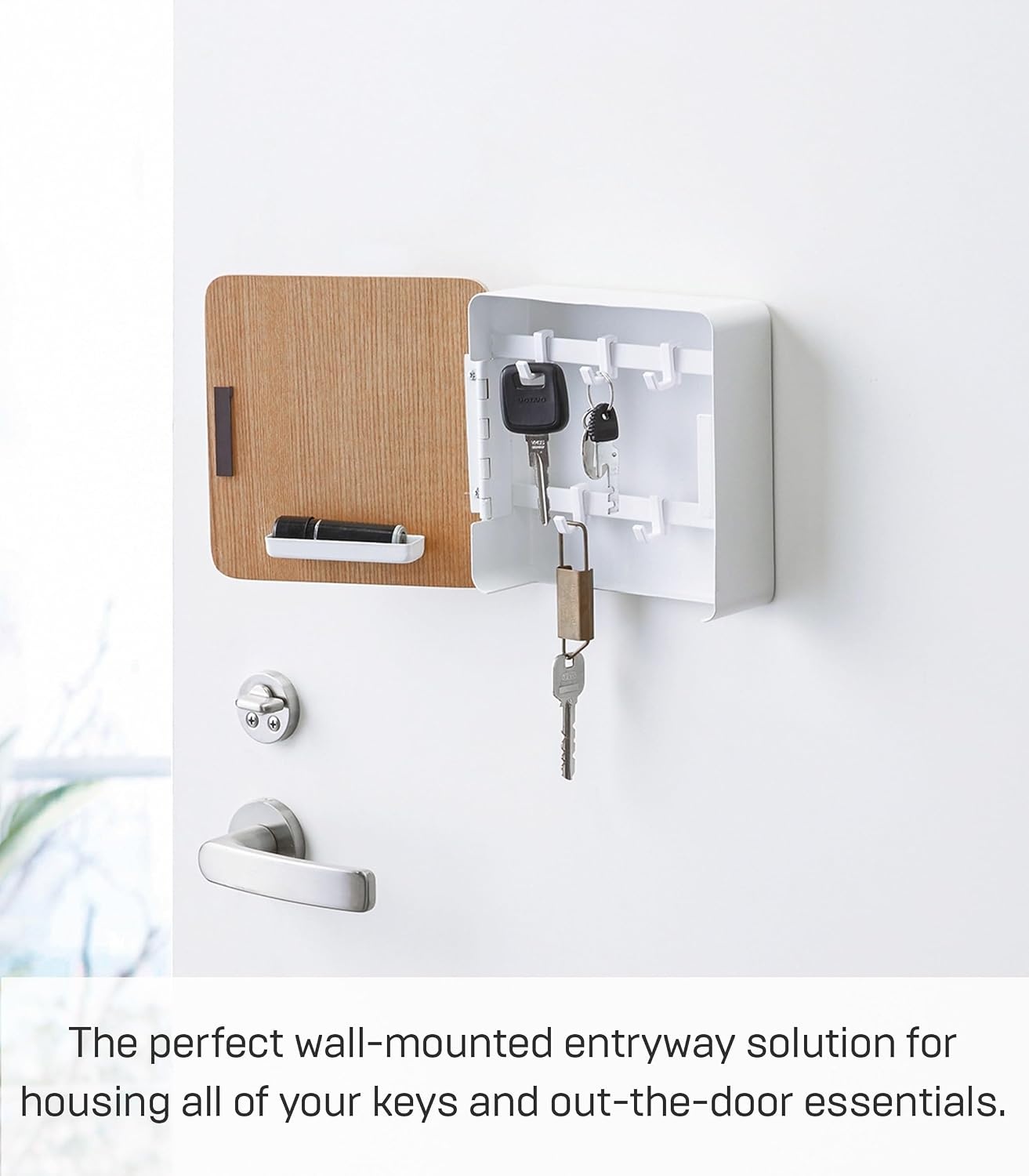 image:imageYAMAZAKI Home Rin Square Magnetic Key Cabinet Wood Accented Keychain Organizer Steel WoodAsh