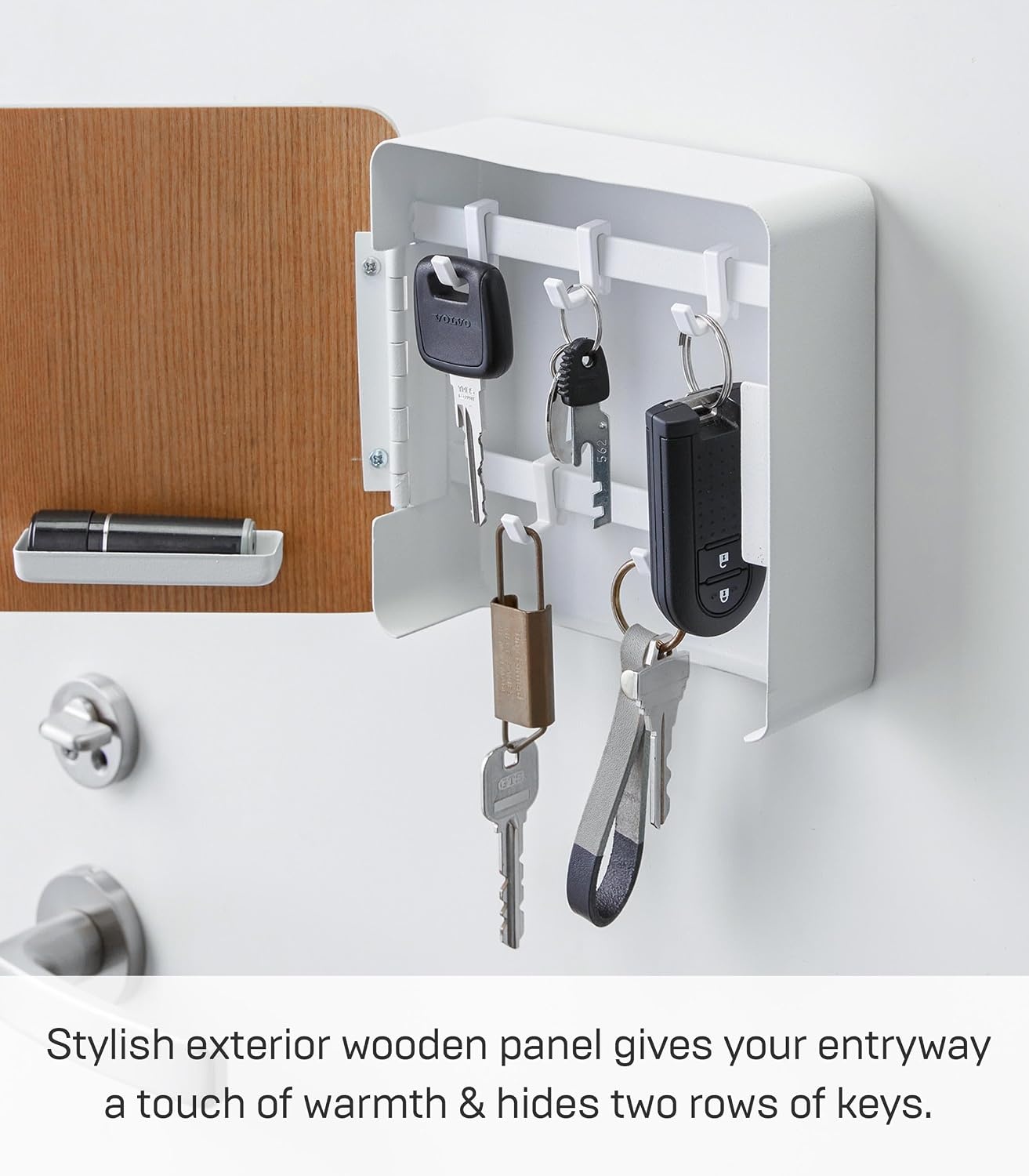 image:imageYAMAZAKI Home Rin Square Magnetic Key Cabinet Wood Accented Keychain Organizer Steel WoodAsh