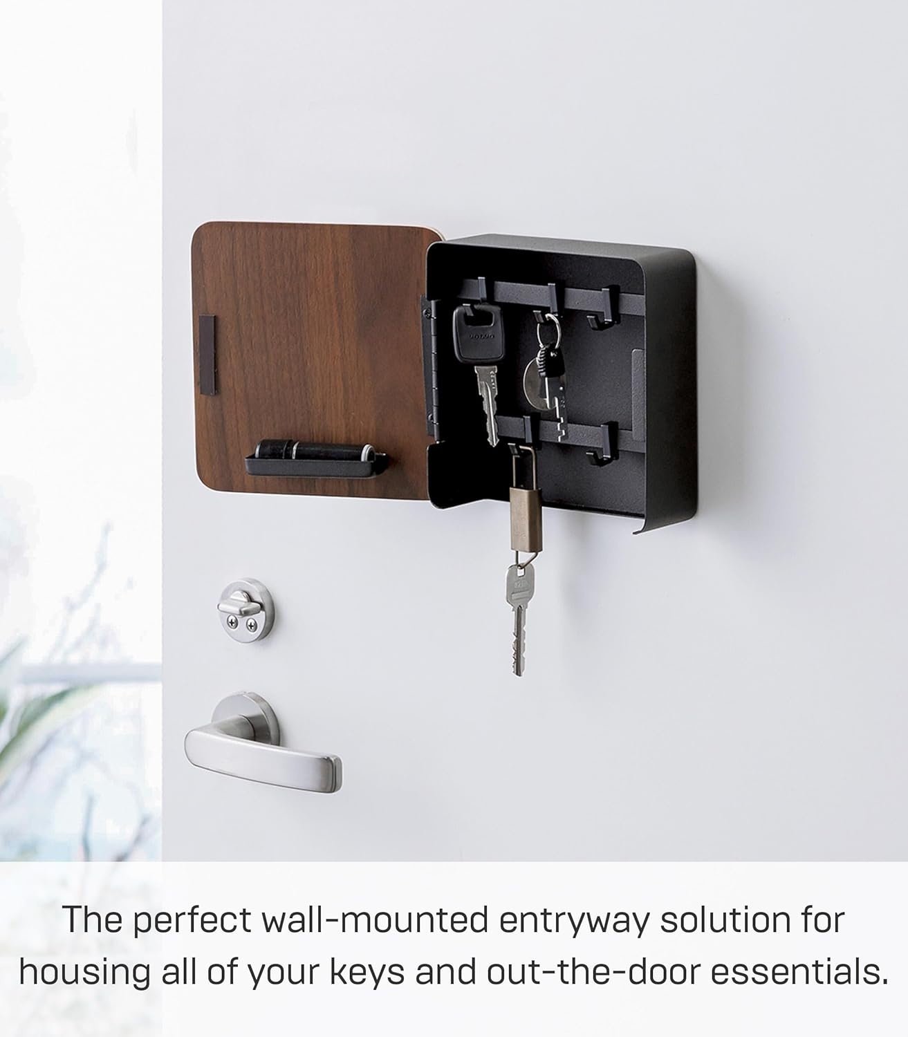 image:imageYAMAZAKI Home Rin Square Magnetic Key Cabinet Wood Accented Keychain Organizer Steel WoodWalnut